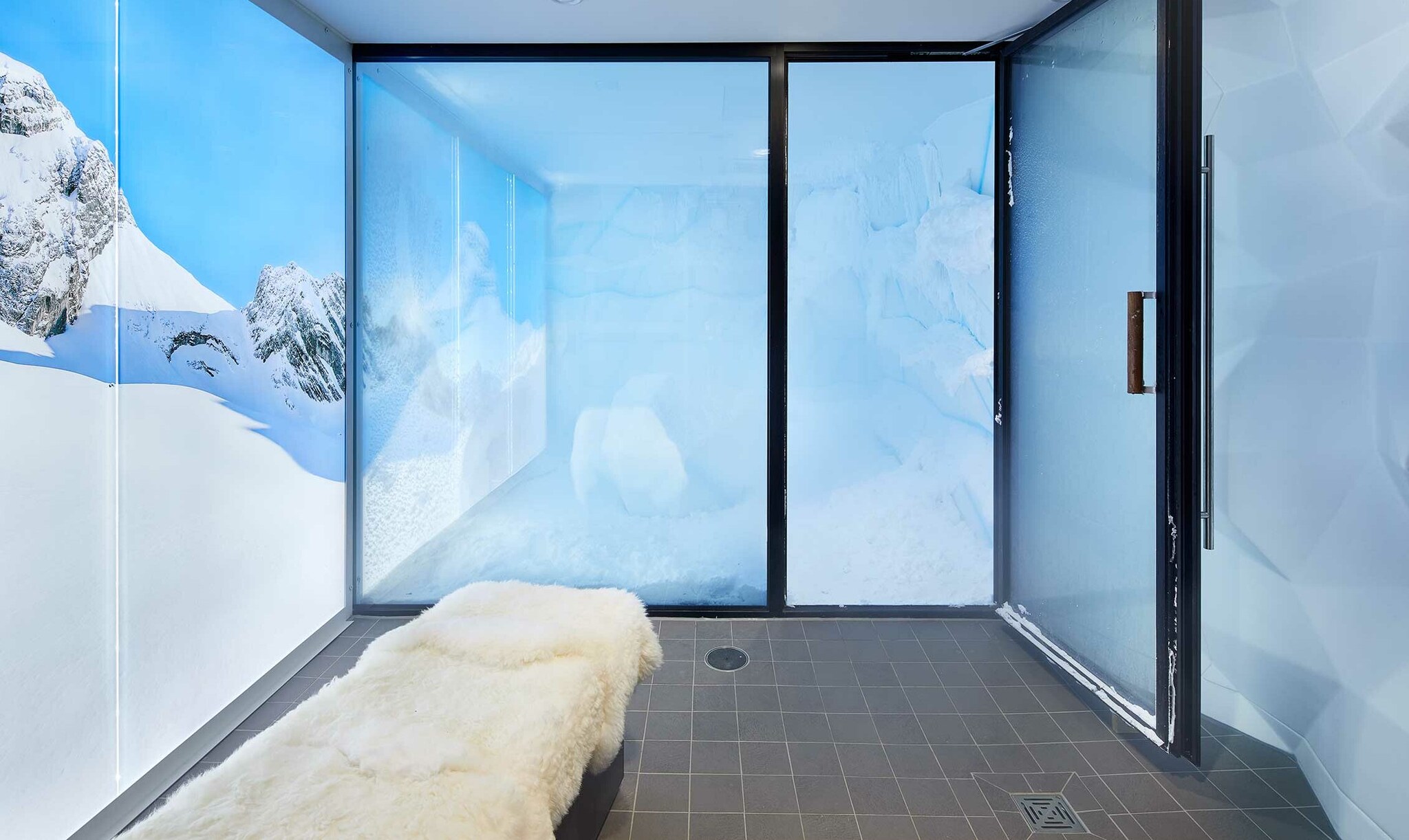 Eine Eiskammer mit Glastüren und einem beleuchteten Wandmotiv mit Schneelandschaft