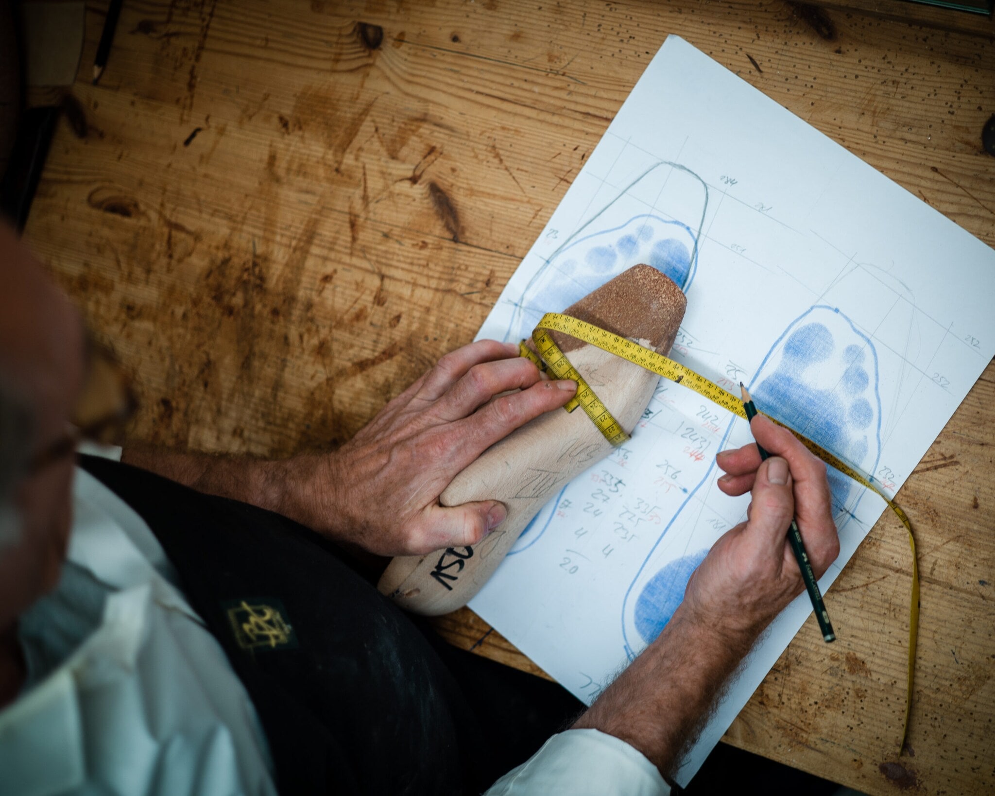 Ein Schuster misst anhand eines Modells die Fußbreite. Ein Schuster misst anhand eines Modells die Fußbreite.