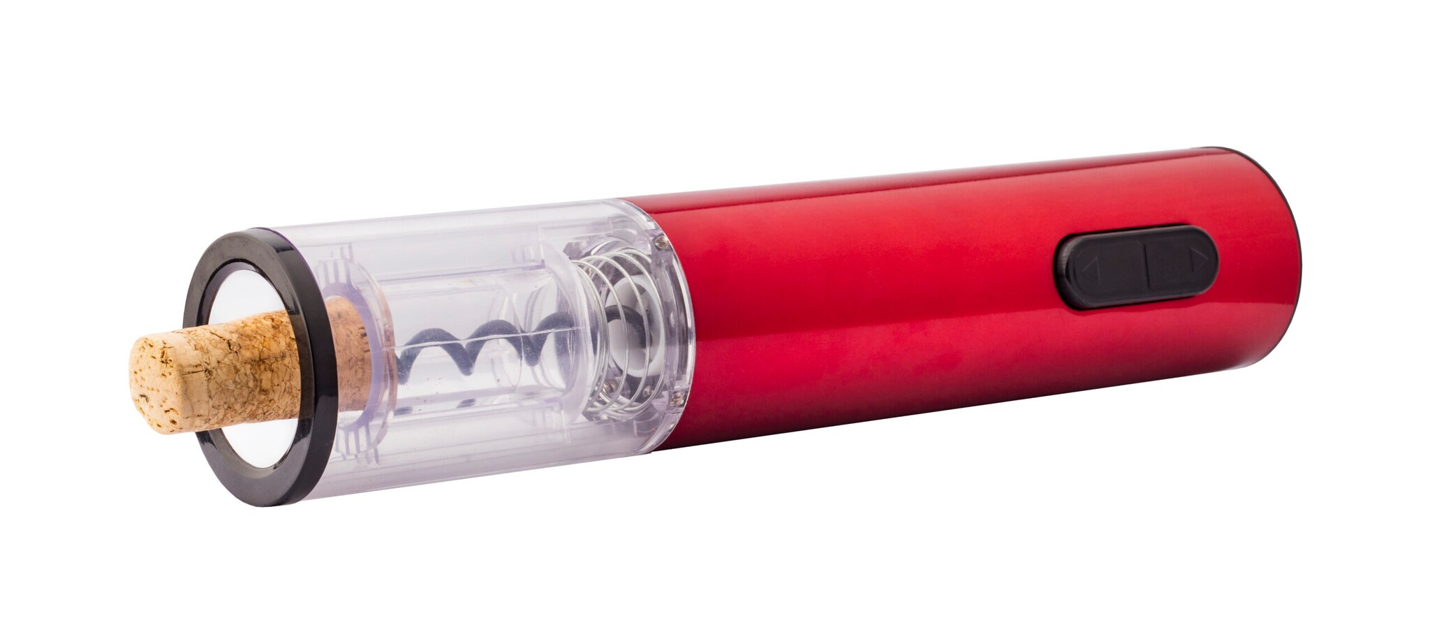 Produktfreisteller eines roten, elektrischen Korkenziehers auf weißem Hintergrund
