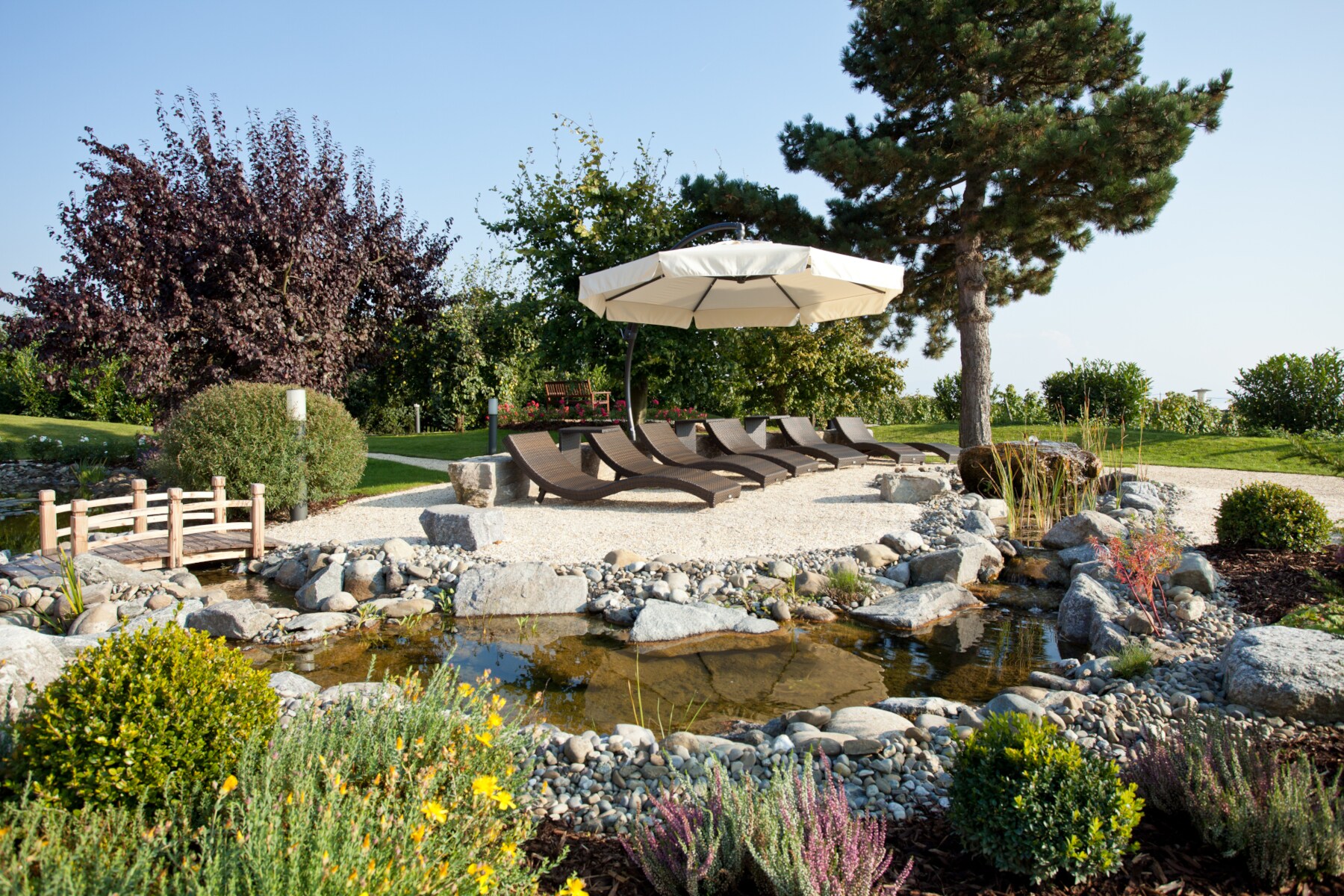 Ein gestalteter Garten mit Liegestühlen an einem bepflanzten Teich Ein gestalteter Garten mit Liegestühlen an einem bepflanzten Teich