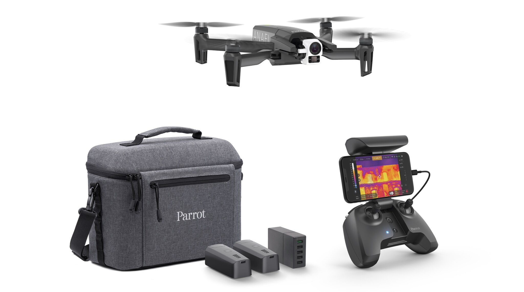 Zusammenfaltbare Drohne des Herstellers Parrot mit Tasche, Akkus und Fernbedienung