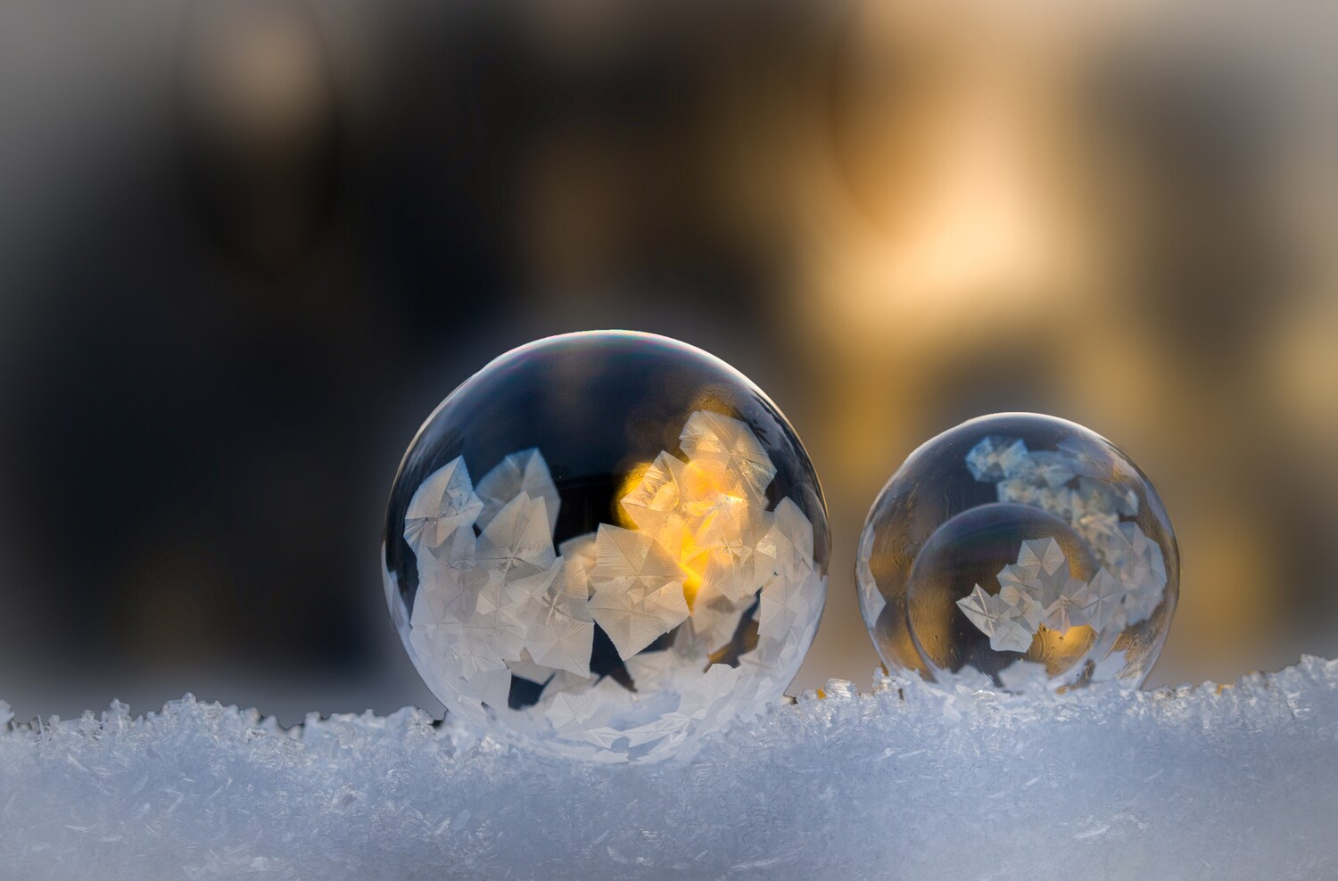 Zwei Seifenblasen, auf denen sich Eiskristalle bilden