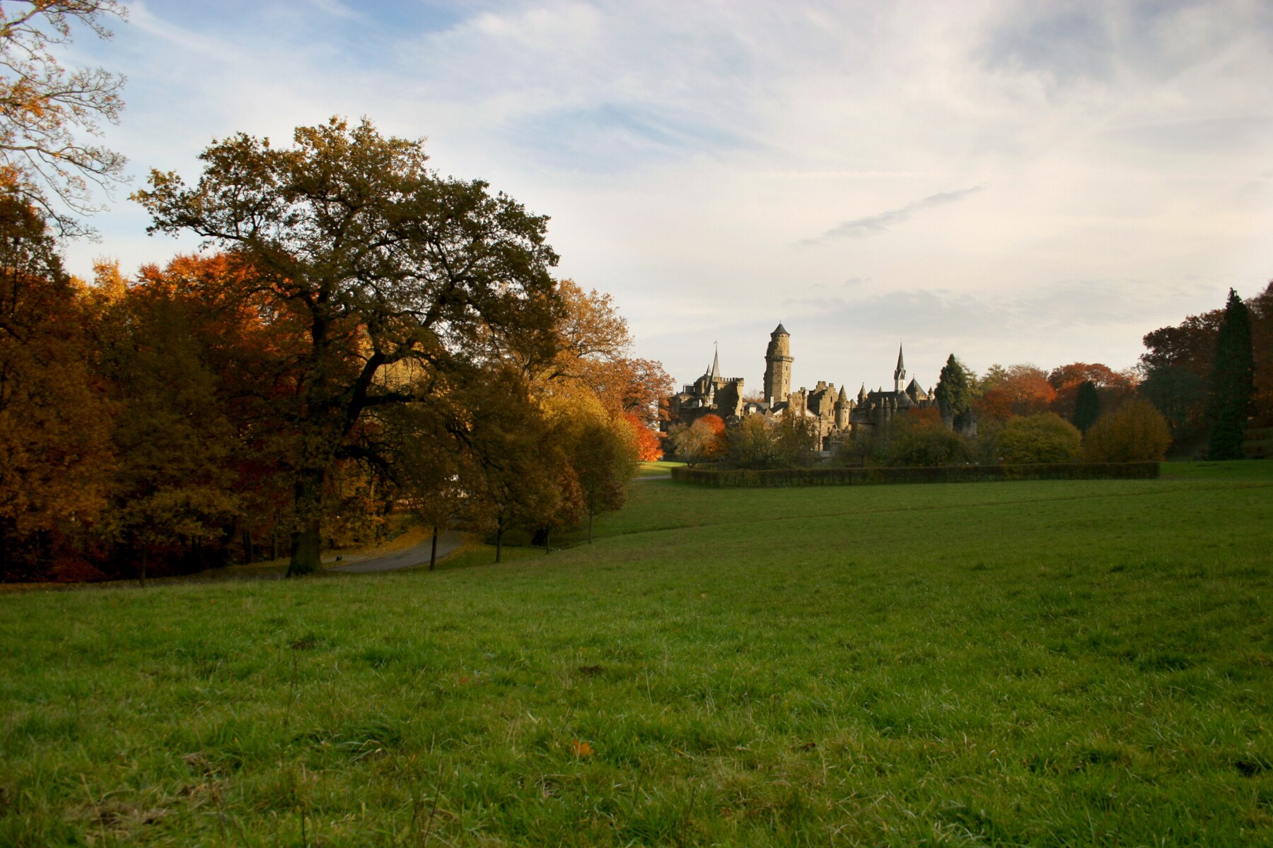 Ein Park, im Hintergrund eine Burg