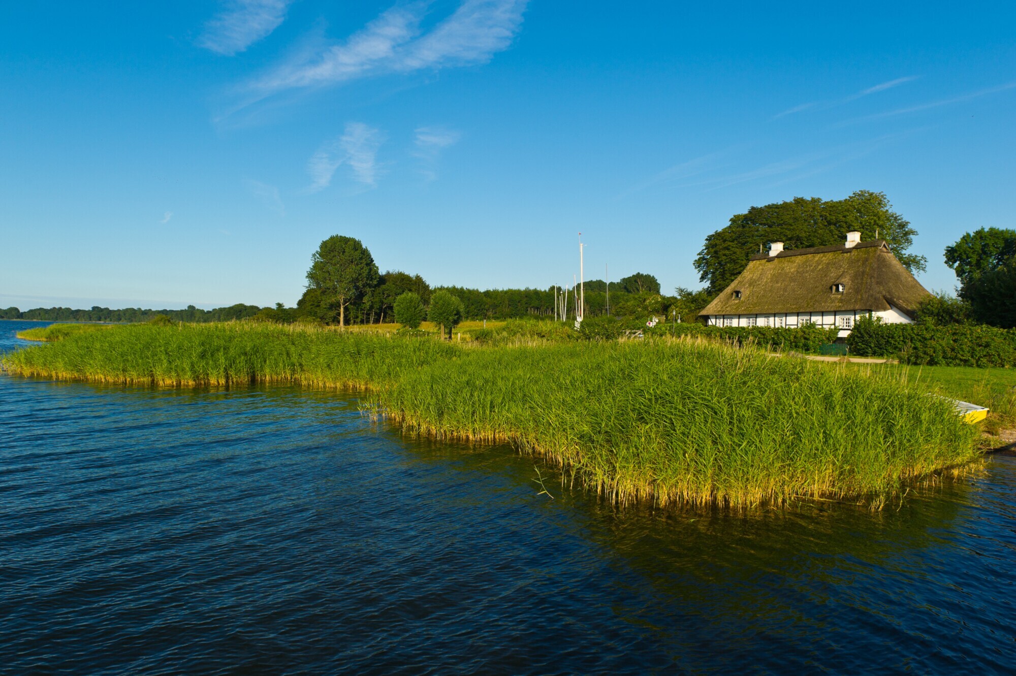 Ein Reetdachhaus an einem See, am Ufer Schilf Ein Reetdachhaus an einem See, am Ufer Schilf