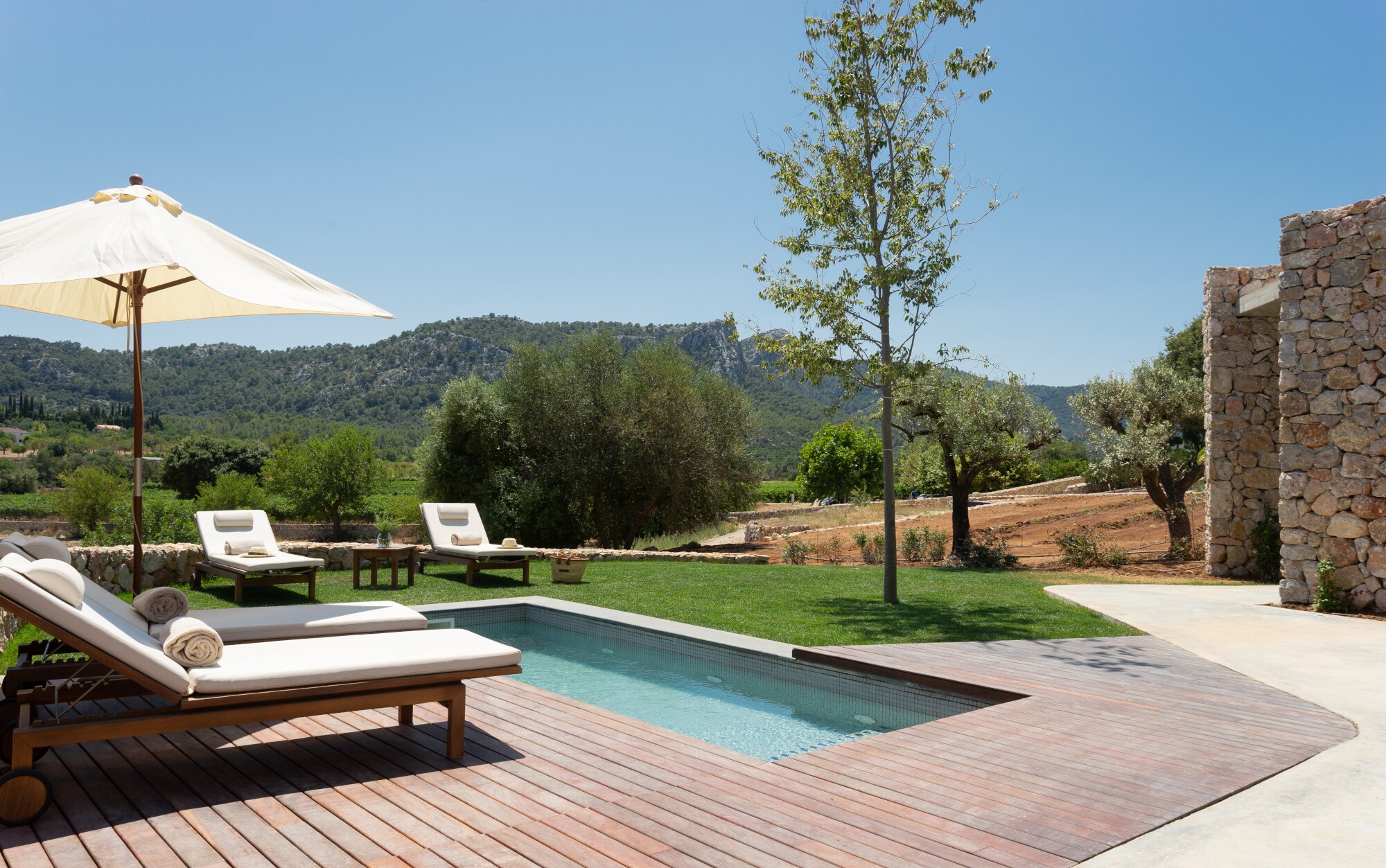 Ein kleiner Pool und Sonnenliegen vor einer bergigen Landschaft