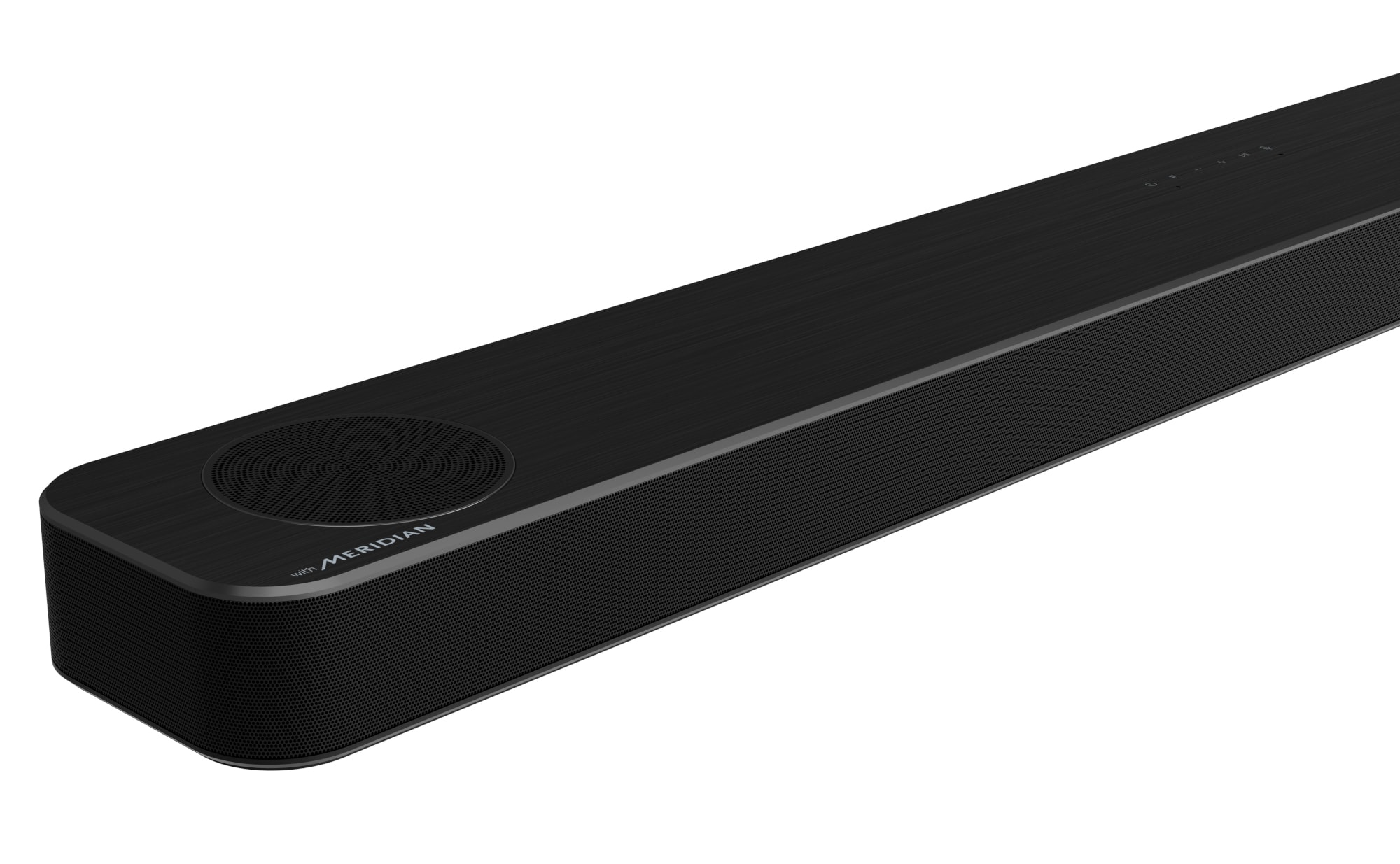 Nahaufnahme einer schlichten, schwarzen Soundbar mit abgerundeten Ecken