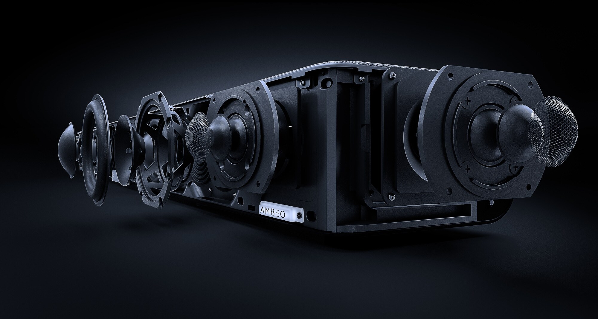 Vektorillustration der inneren Komponenten einer schwarzen Soundbar mit AMBEO-Logo