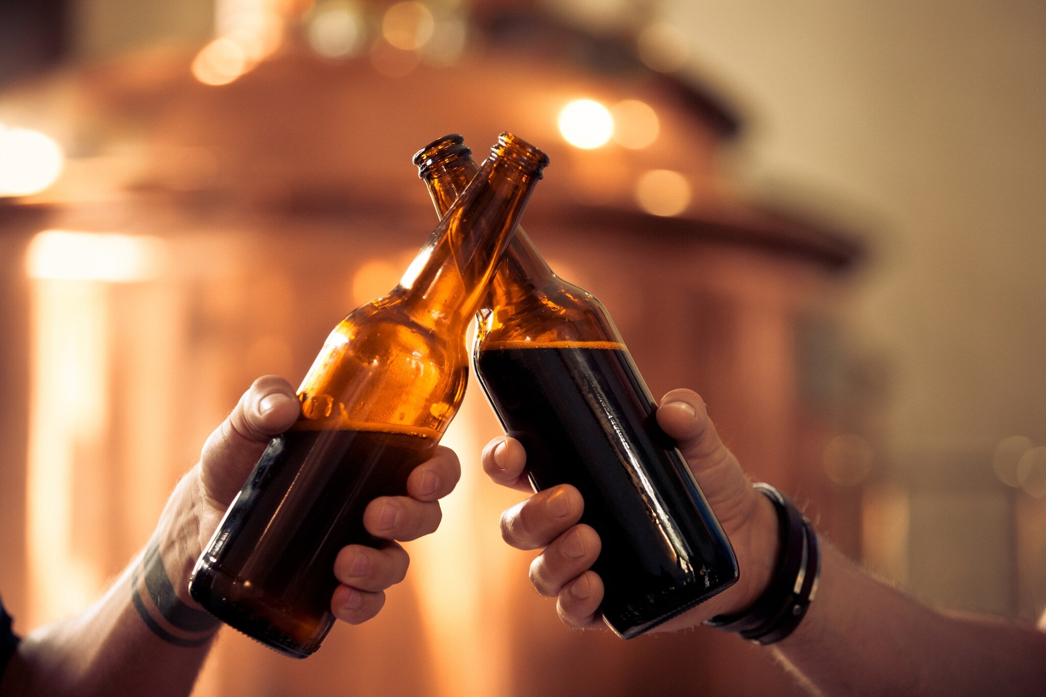 Zwei Hände, die mit Bierflaschen anstoßen Zwei Hände, die mit Bierflaschen anstoßen