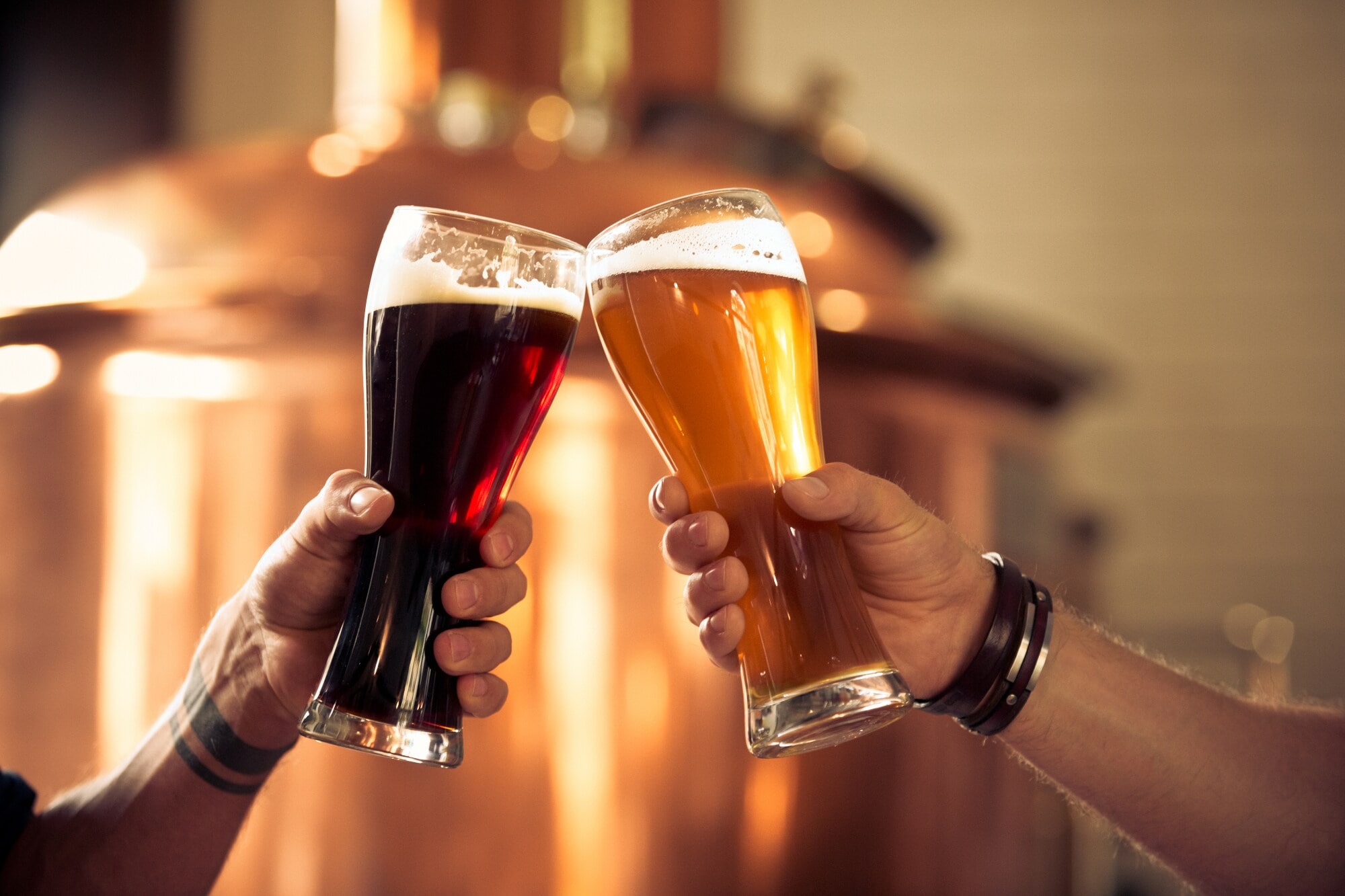 Mit zwei gefüllten Biergläsern wird angestoßen Mit zwei gefüllten Biergläsern wird angestoßen