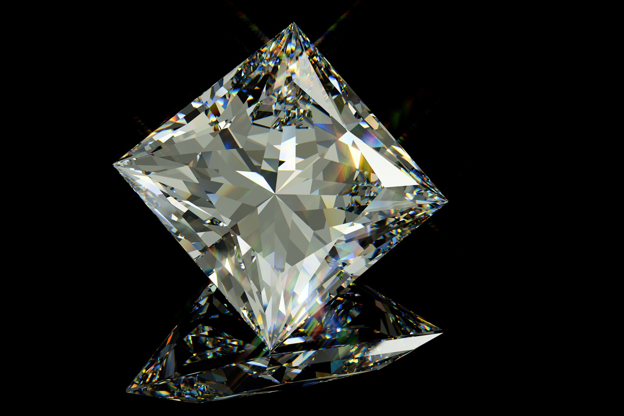 Ein quadratischer Diamant auf schwarzglänzenden Hintergrund. Ein quadratischer Diamant auf schwarzglänzenden Hintergrund.