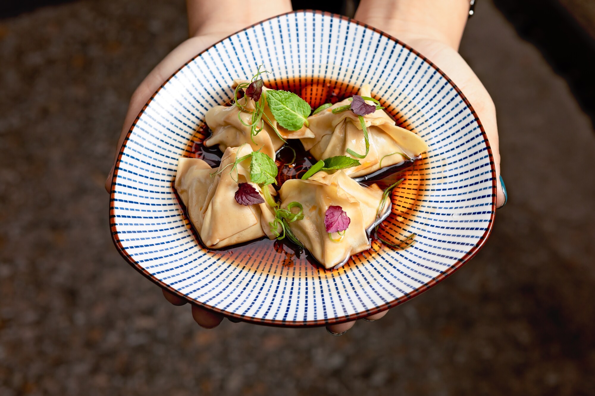 Aufsicht eines Tellers im japanischen Design mit Ravioli in Sojasoße, gehalten von zwei Händen