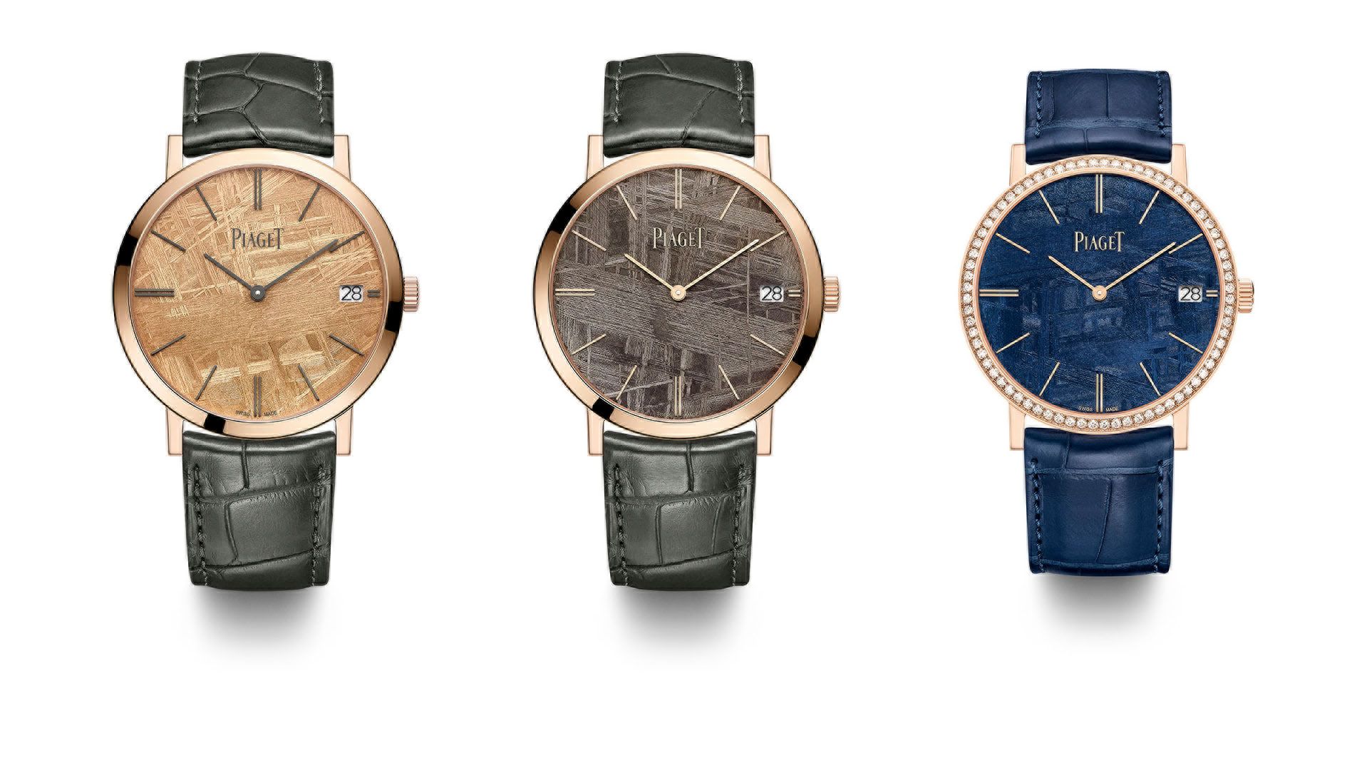 Ansicht der drei Varianten der Piaget Altiplano Meteorit in Roségold