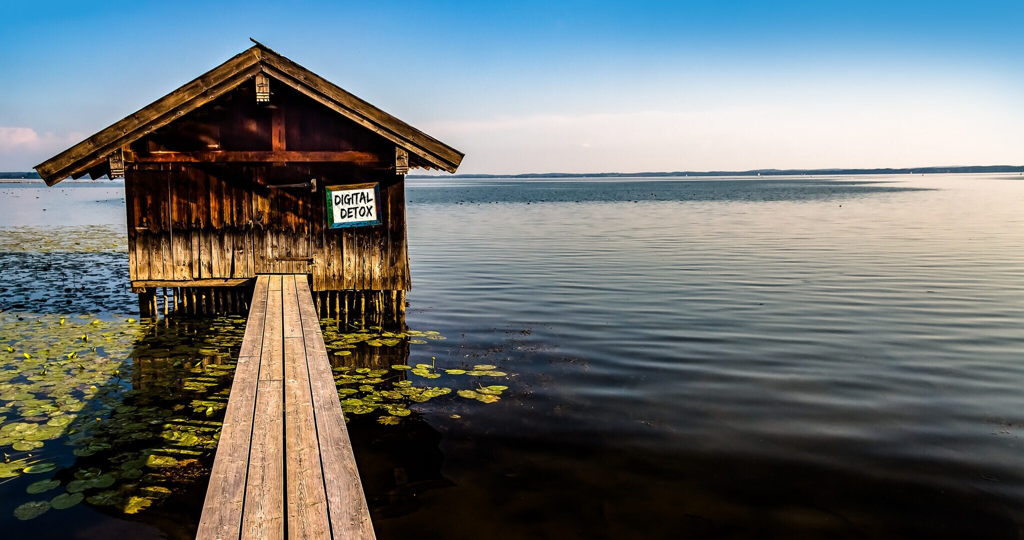 Kleine Holzhütte auf einem See, auf einem Schild steht „Digital Detox“
