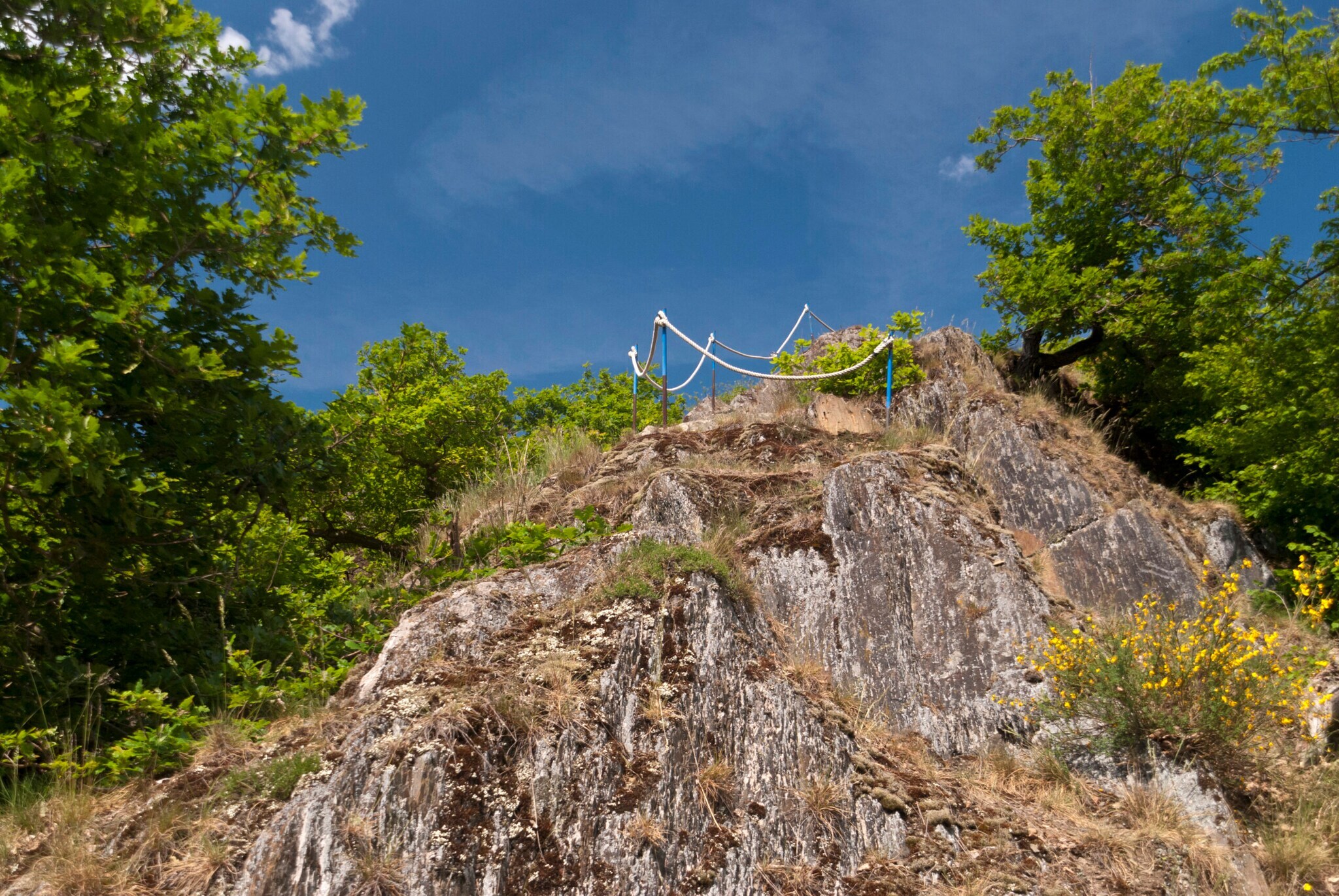 Mit Seilen gesicherter Wanderweg an einem Hügel.