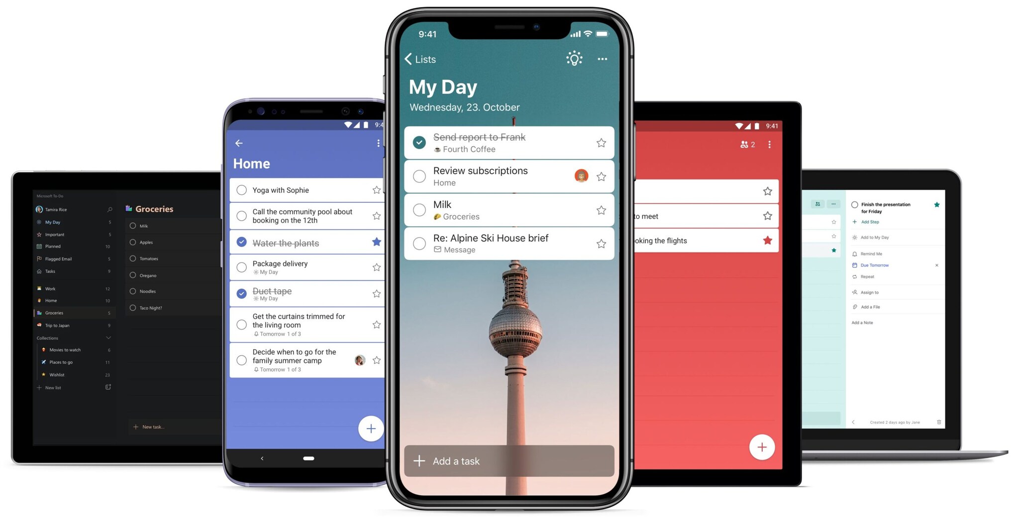 Mehrere Screens, die die App Microsoft To Do zeigen