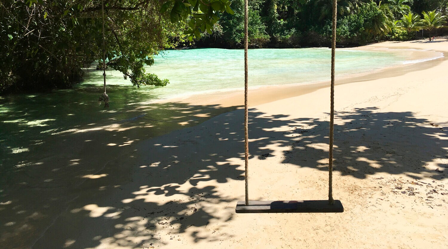 Eine Schaukel vor Sandstrand, Wasser und Wald