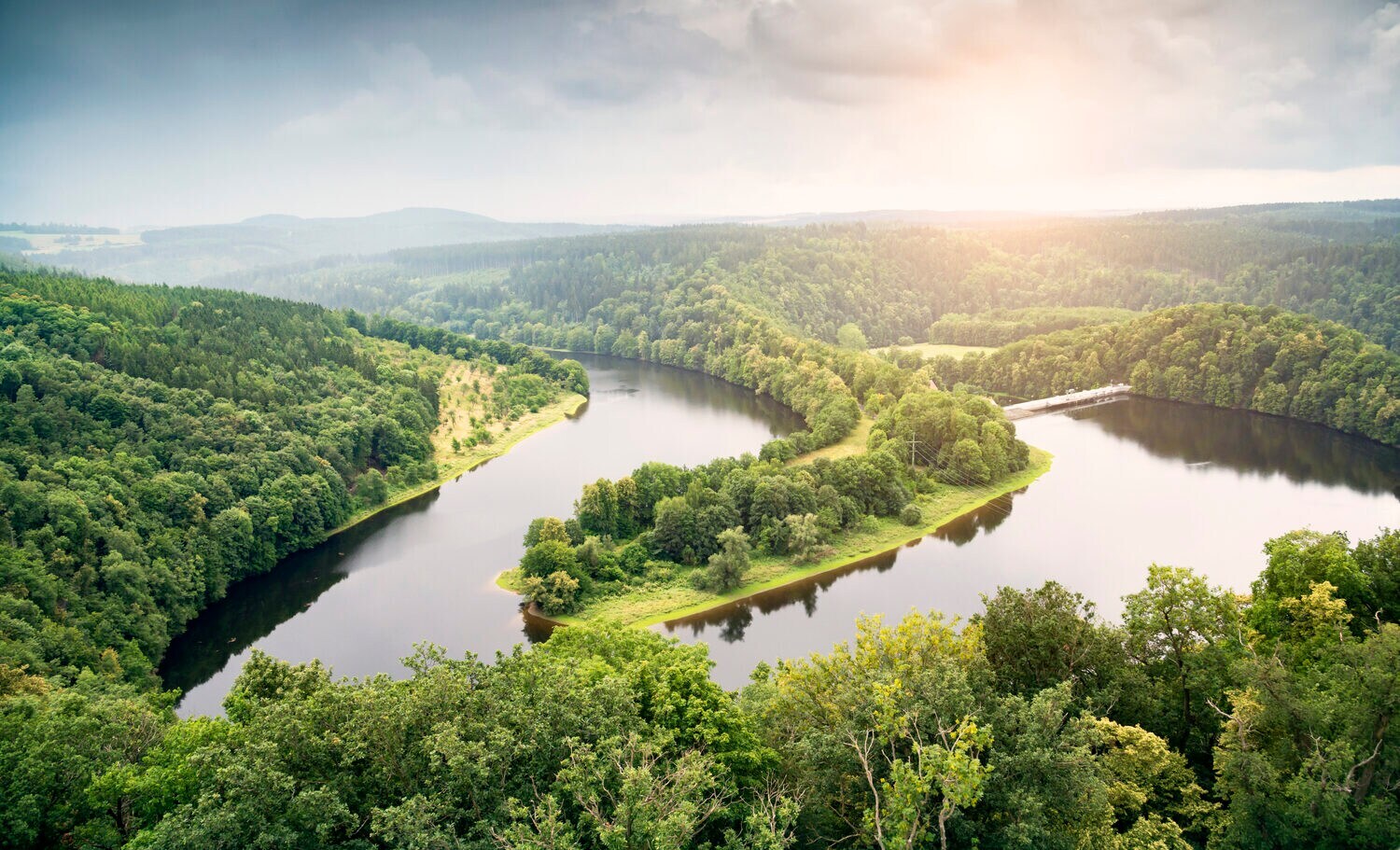 Ein Fluss aus der Vogelperspektive, der sich durch eine Waldlandschaft schlängelt