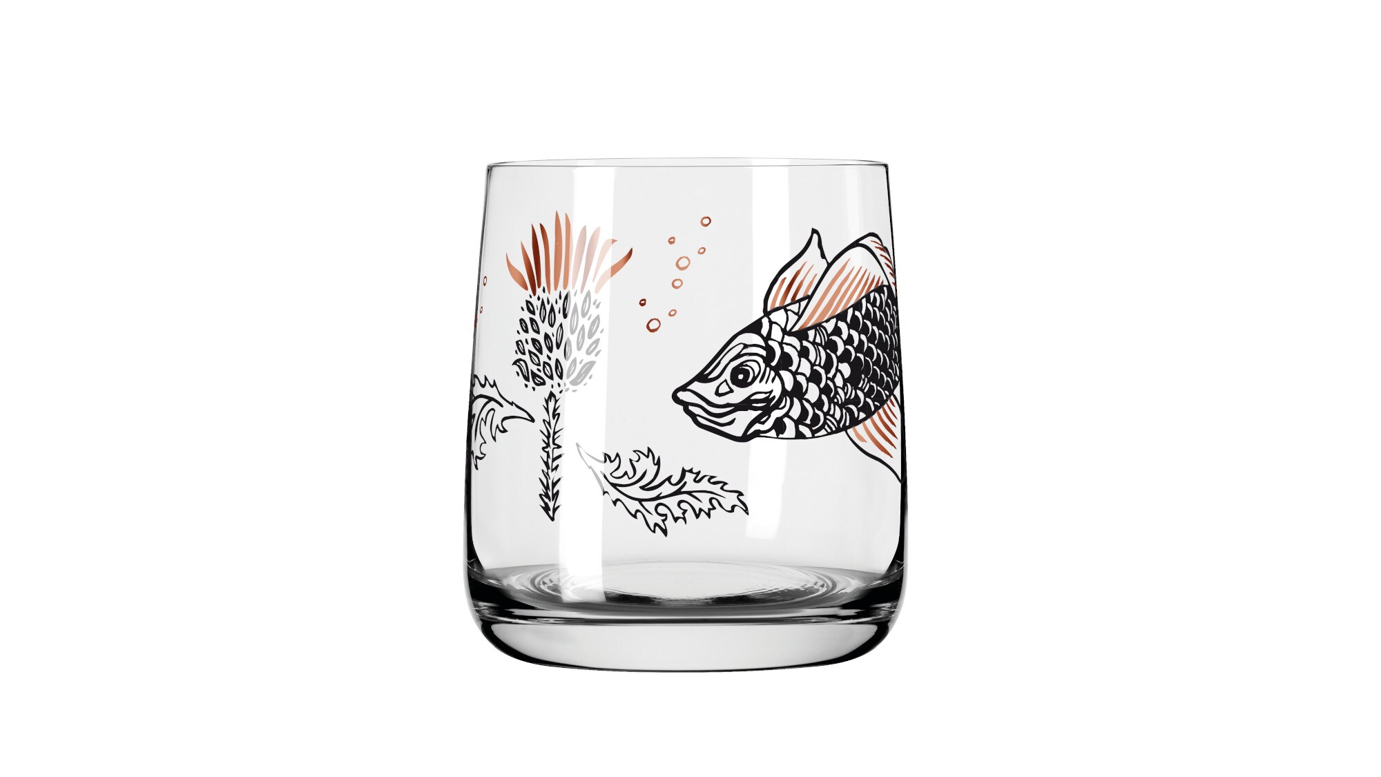 Produktbild eines Whiskyglases mit einer Illustration eines Fischs sowie einer Distel des Künstlers Olaf Hajek Produktbild eines Whiskyglases mit einer Illustration eines Fischs sowie einer Distel des Künstlers Olaf Hajek