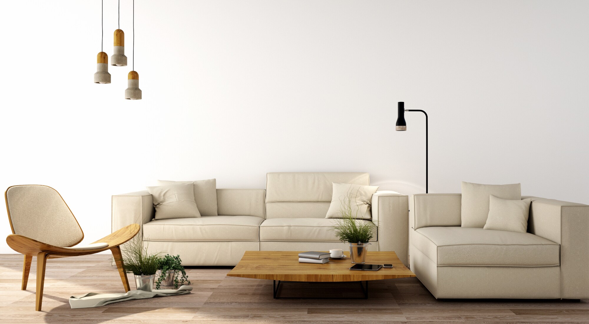 Eine helle Couch sowie ein Sessel aus Holz, dazu ein Couchtisch und Lampen