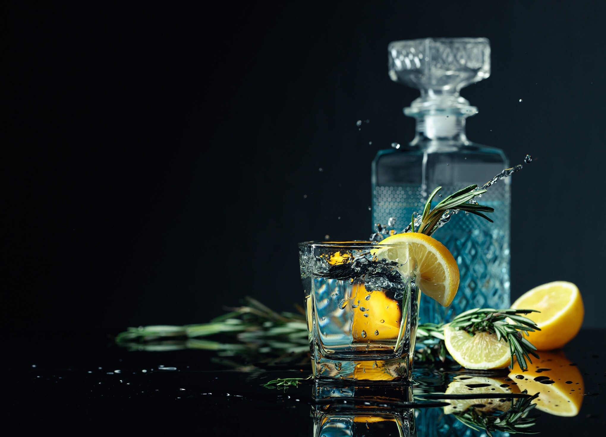 Ein Glas mit Gin Tonic, garniert mit Zitrone und Rosmarinzweigen. Ein Glas mit Gin Tonic, garniert mit Zitrone und Rosmarinzweigen.