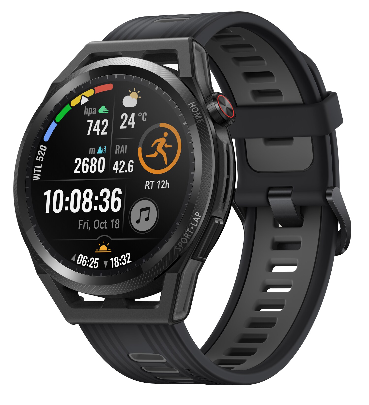 Schwarze Smartwatch mit vielen Infos auf dem Ziffernblatt