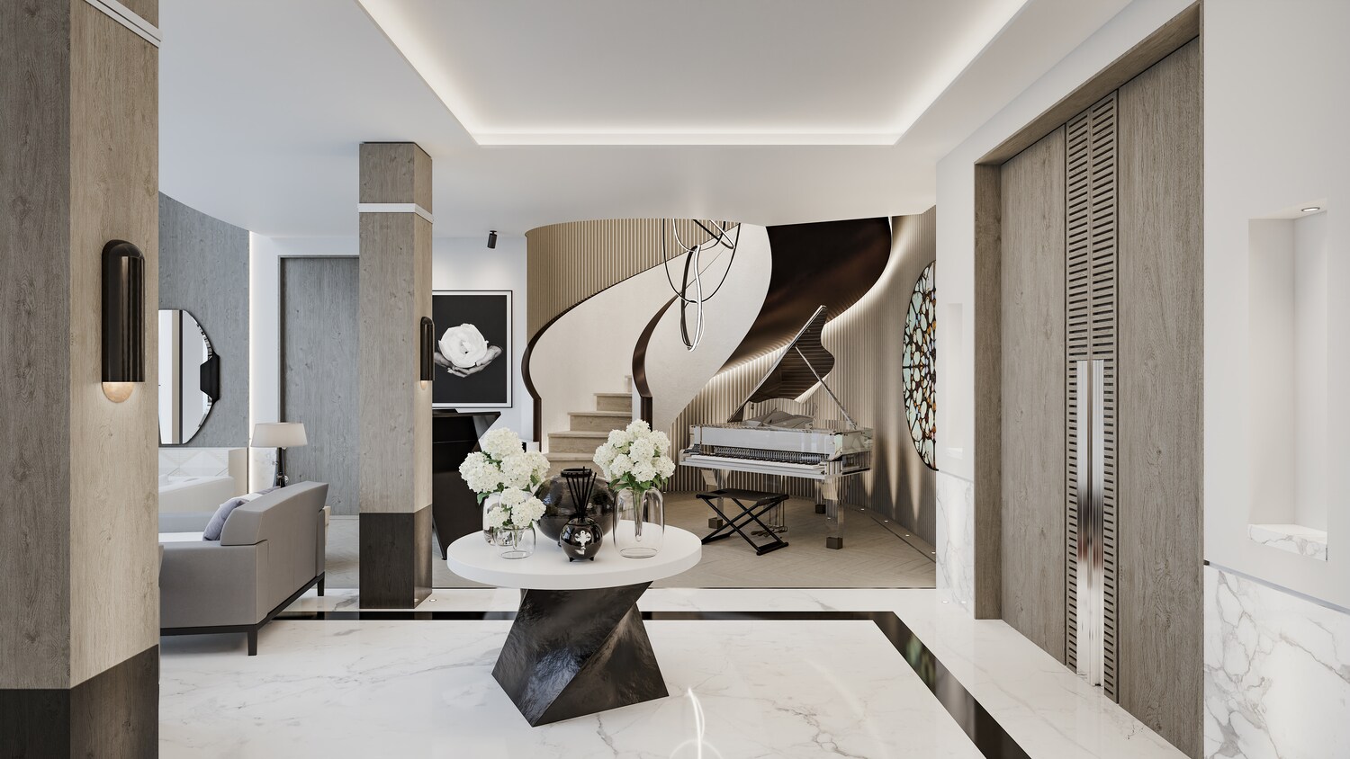 Ein in weiß, grau und beige-Tönen gestaltetes Zimmer Ein in weiß, grau und beige-Tönen gestaltetes Zimmer