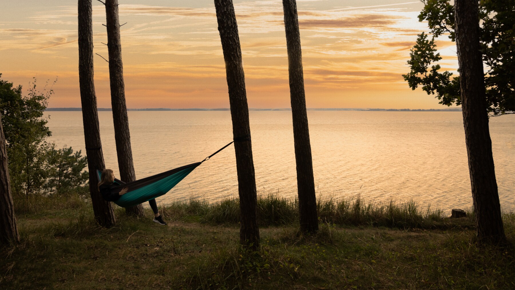 Eine Person in einer Hängematte zwischen Bäumen an einem Gewässer