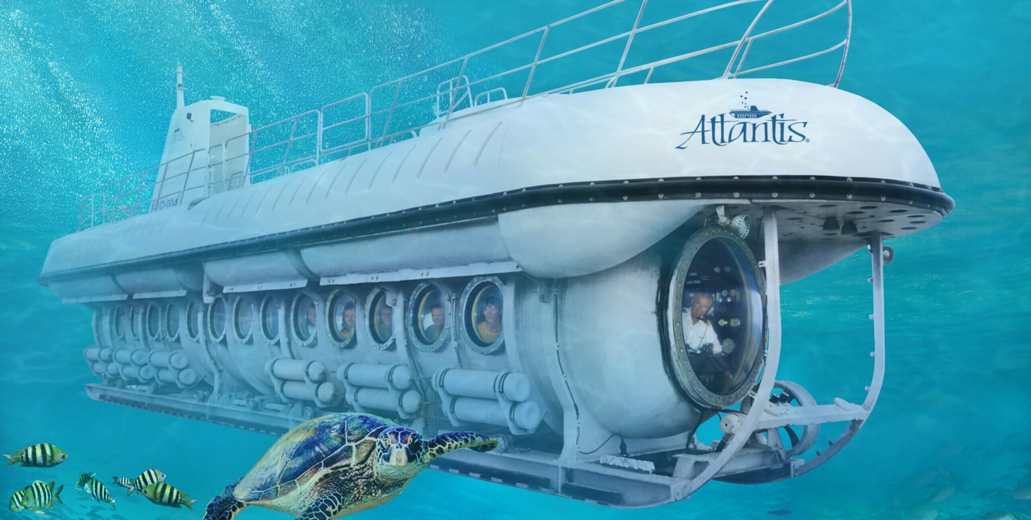 Das U-Boot Ocean Quest unter Wasser, aus mehreren Bullaugen schauen Mitfahrende auf eine Schildkröte und Fische. Das U-Boot Ocean Quest unter Wasser, aus mehreren Bullaugen schauen Mitfahrende auf eine Schildkröte und Fische.