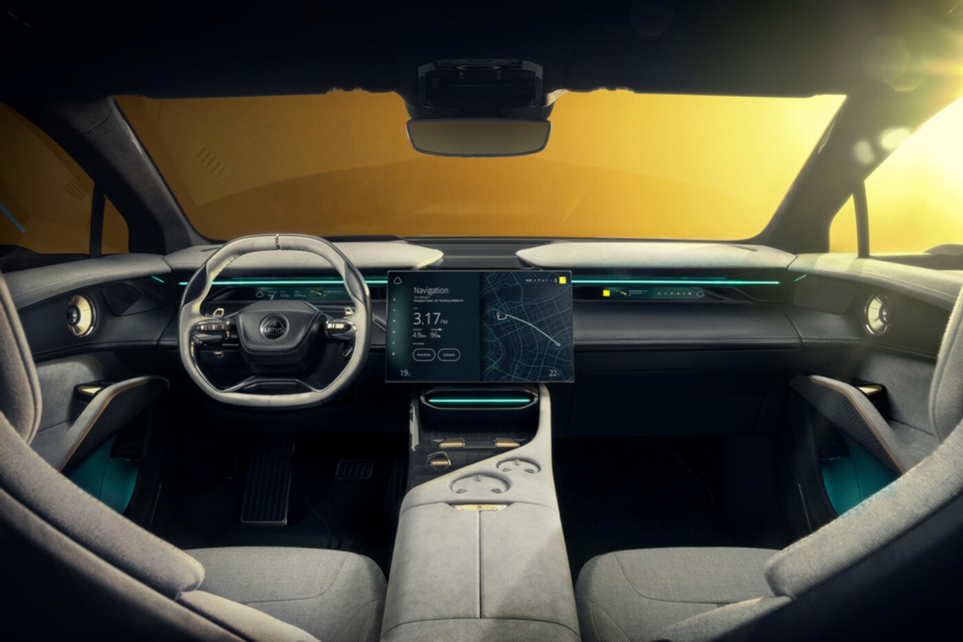 Blick in einen futuristisch gestalteten Auto-Innenraum mit großem Display