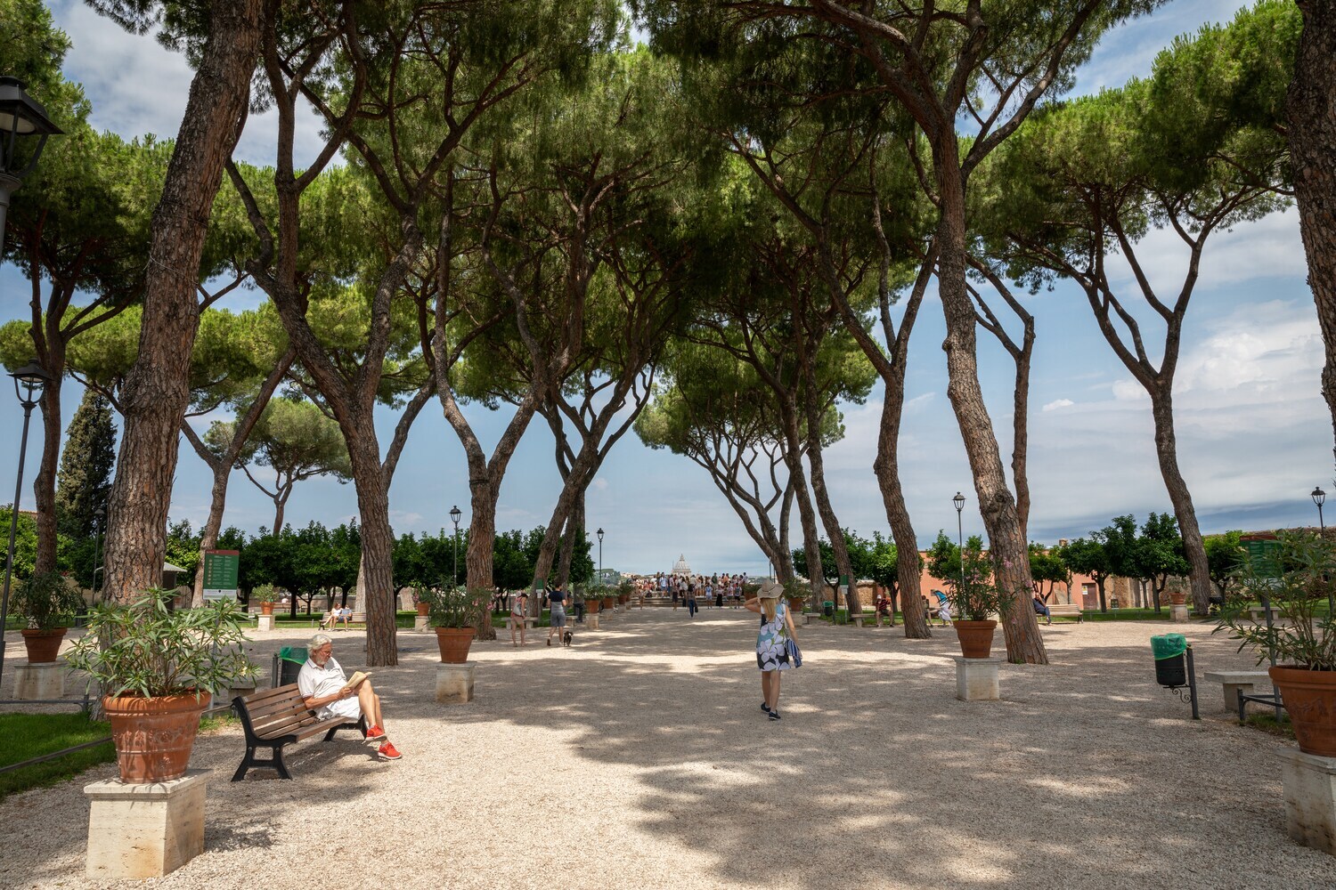 Der Orangengarten mit Bäumen, Bänken und Menschen auf dem Hügel Aventin in Rom.
