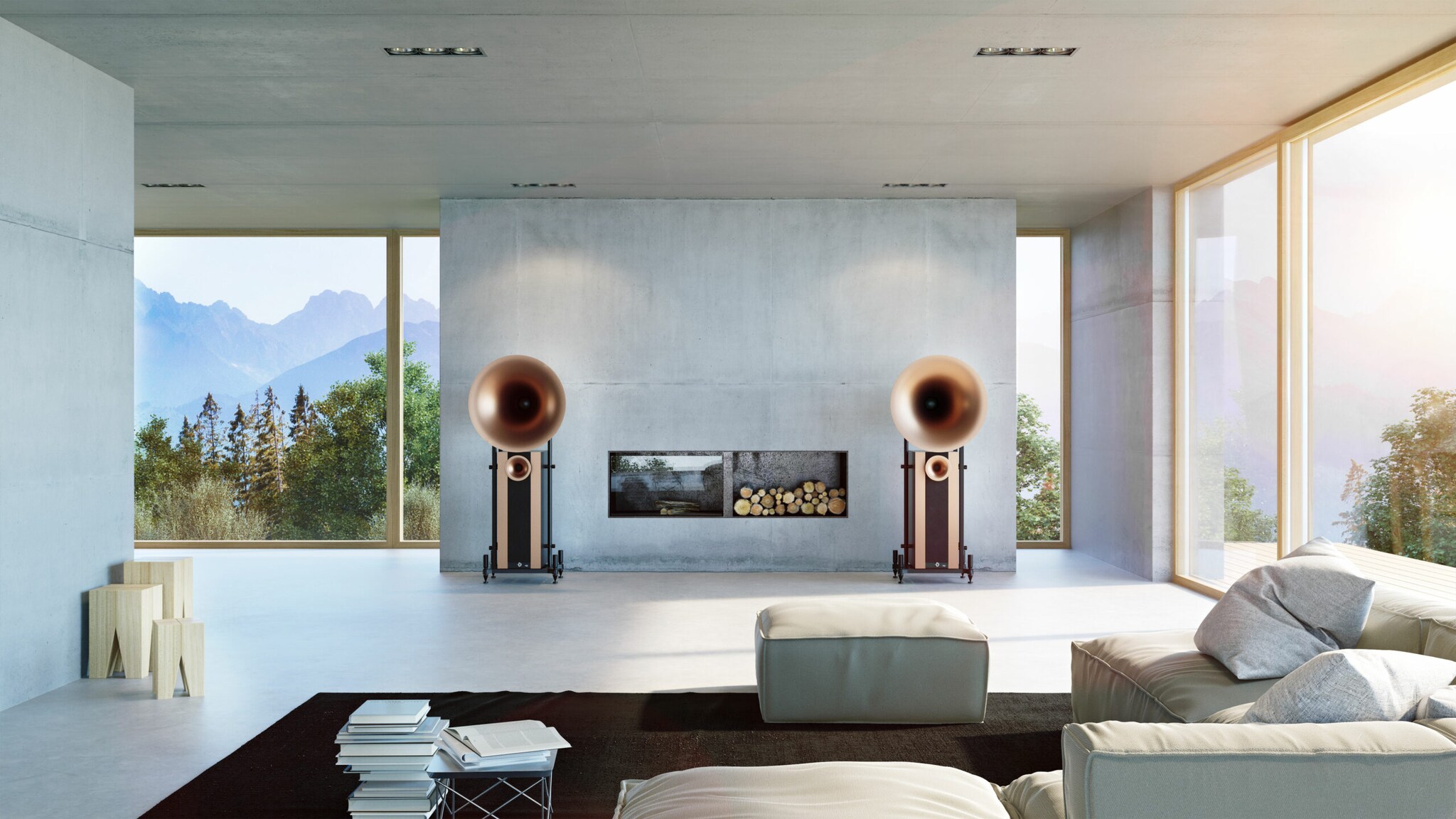 Ein Lautsprecherpaar Avantgarde Acoustic Duo XD in einem offenen Wohnzimmer Ein Lautsprecherpaar Avantgarde Acoustic Duo XD in einem offenen Wohnzimmer