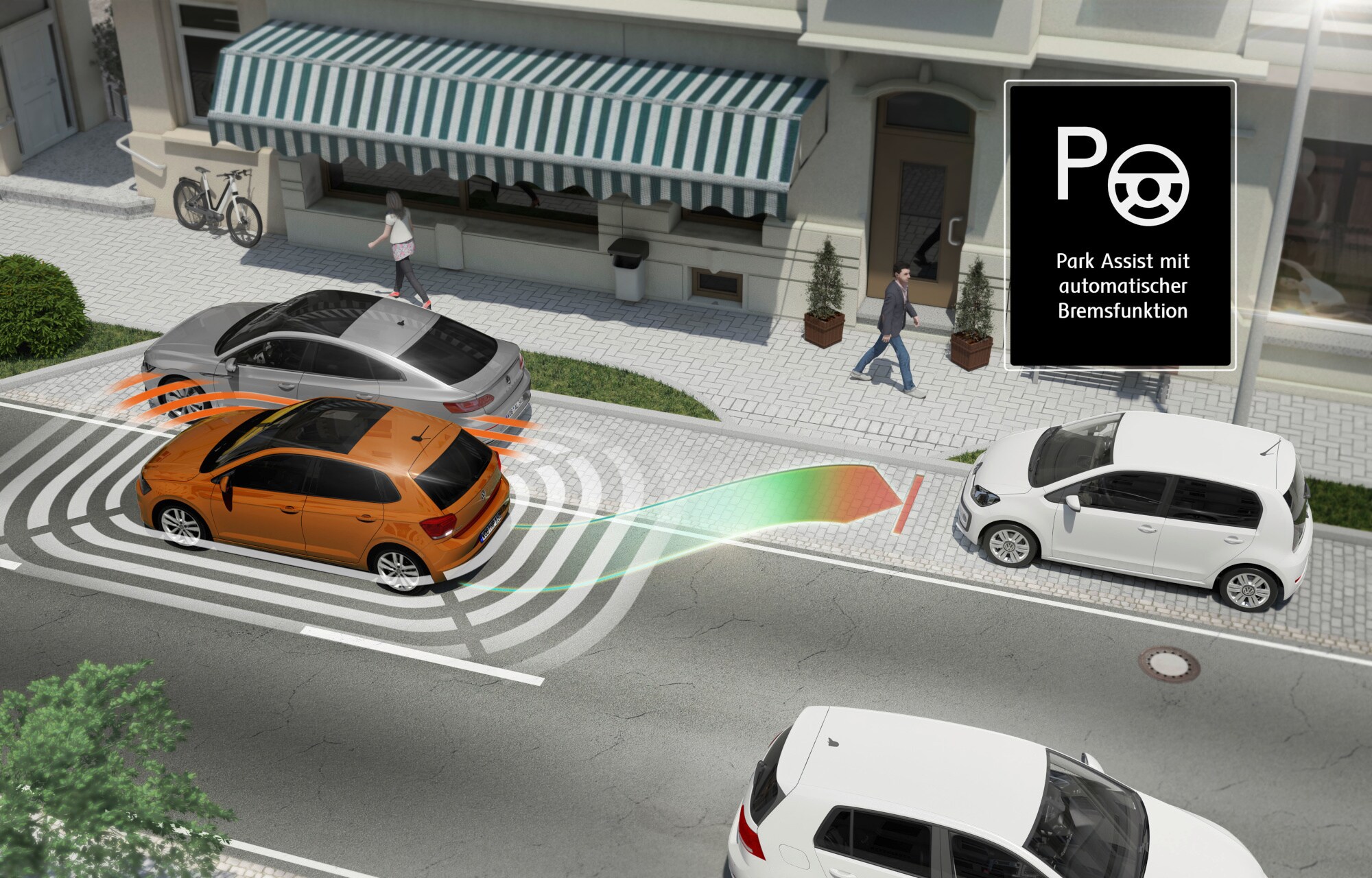 Ein grafischer Pfeil zeigt, wie ein Auto mit Park-Assist rückwärts perfekt einparkt Ein grafischer Pfeil zeigt, wie ein Auto mit Park-Assist rückwärts perfekt einparkt