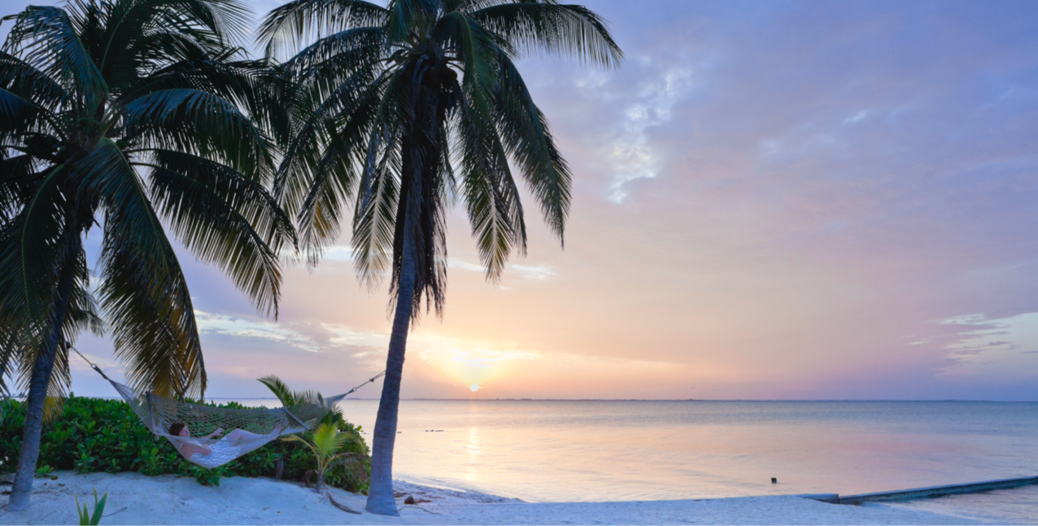 Eine Frau in einer Hängematte zwischen Palmen an einem Strand