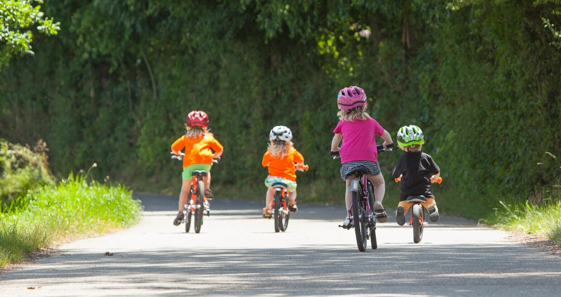 Vier Kinder in der Rückansicht auf ihren Fahrrädern und Laufrädern