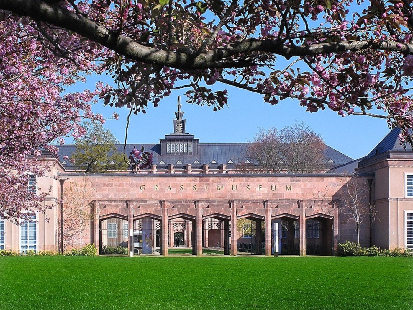 Blick auf das Grassi-Museumsgebäude, eingerahmt von Kirschblütenzweigen Blick auf das Grassi-Museumsgebäude, eingerahmt von Kirschblütenzweigen