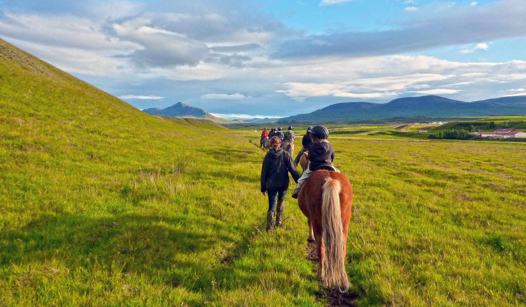 Eine geführte Reitgruppe in einer grünen isländischen Landschaft Eine geführte Reitgruppe in einer grünen isländischen Landschaft