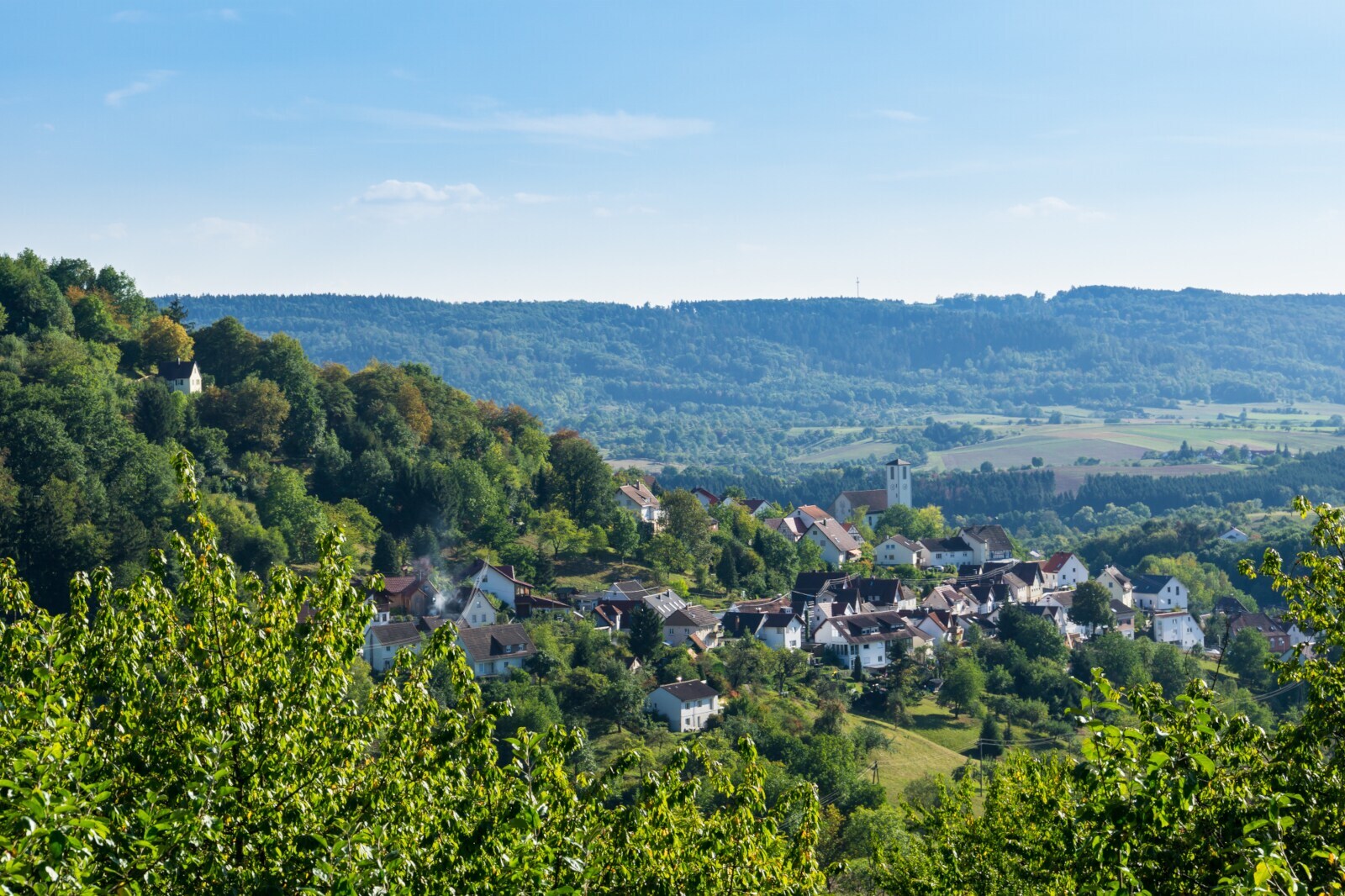 Blick über eine sommerliche Landschaft mit Dorf