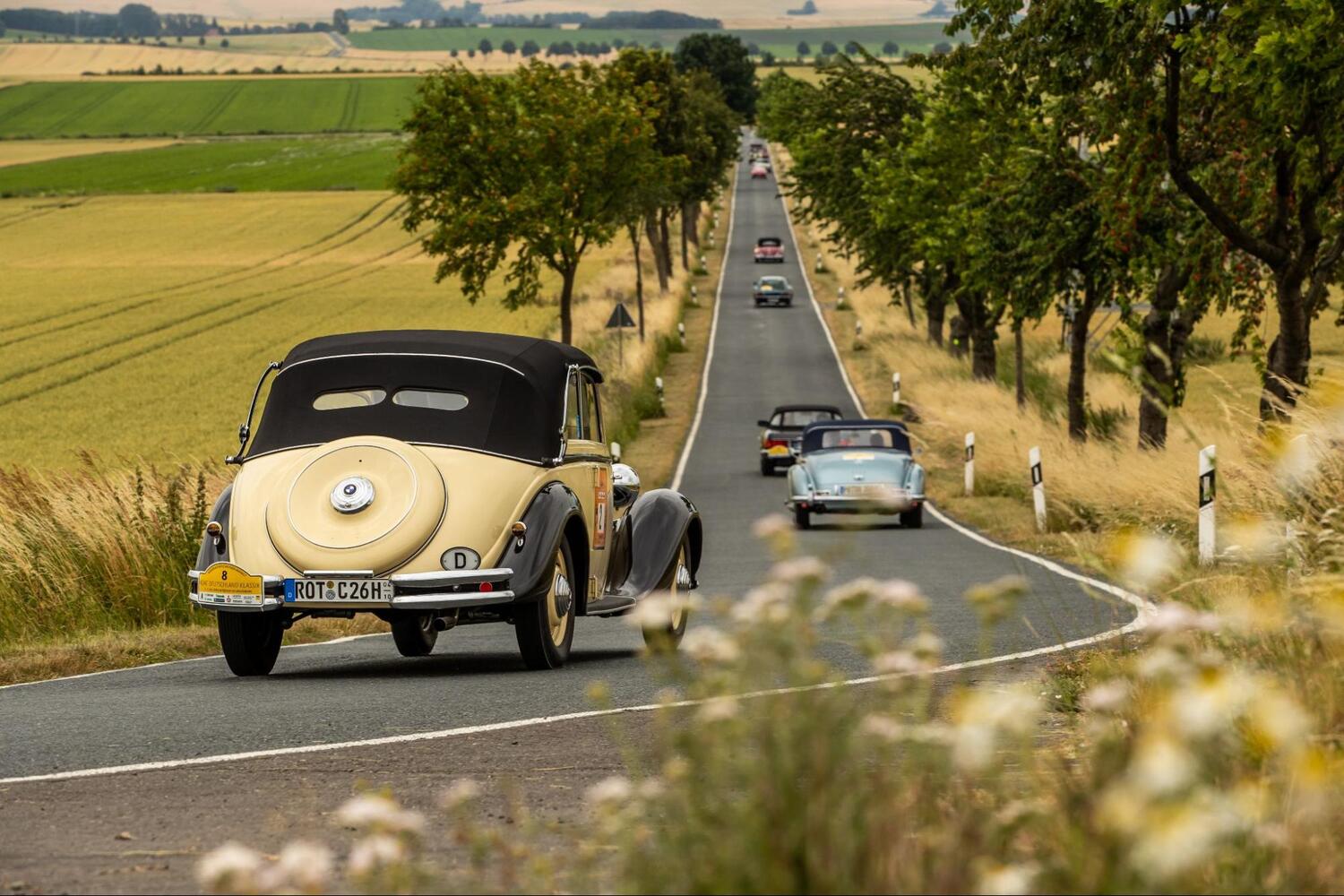 Verschiedene Oldtimer auf einer Landstraße