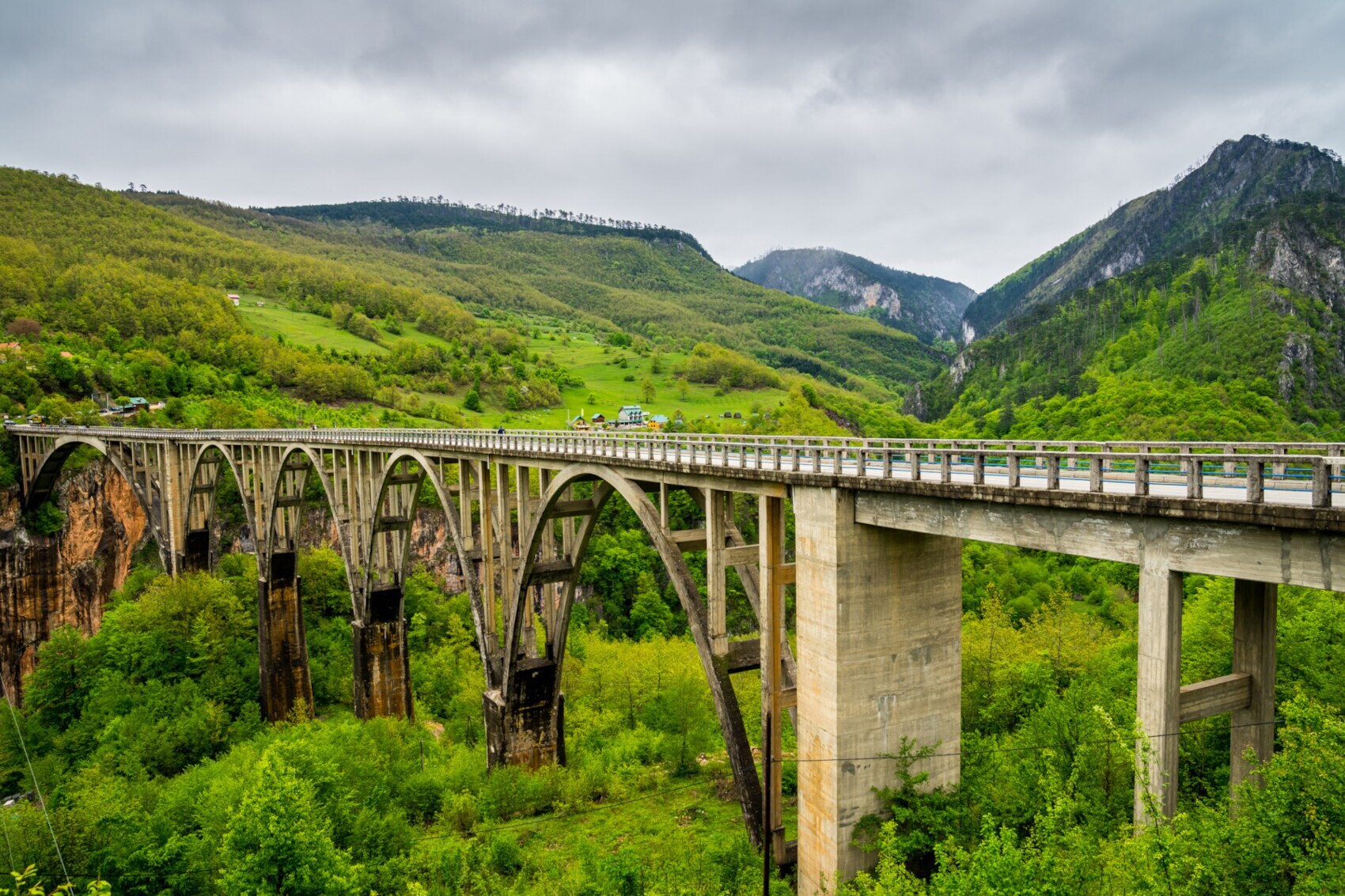 Eine große Bogenbrücke, die sich über grünem Wald erstreckt Eine große Bogenbrücke, die sich über grünem Wald erstreckt