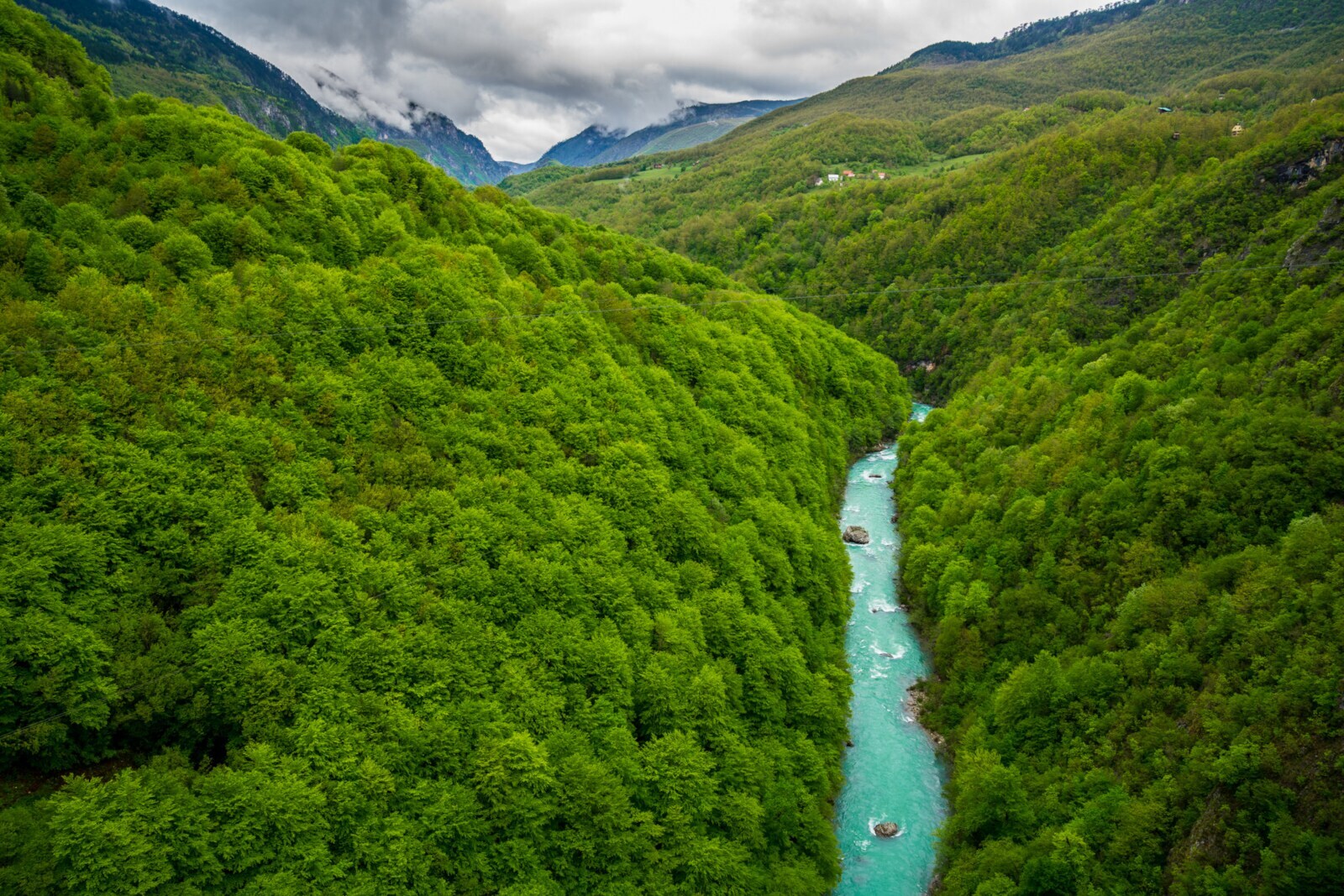 Ein türkisfarbener Fluss fließt durch ein grün bewaldetes Gebirge