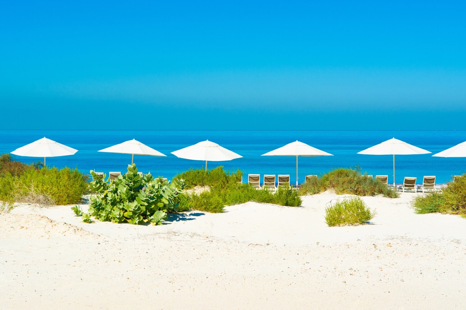 Sandstrand und blaues Meer mit Sonnenliegen und Sonnenschirmen Sandstrand und blaues Meer mit Sonnenliegen und Sonnenschirmen