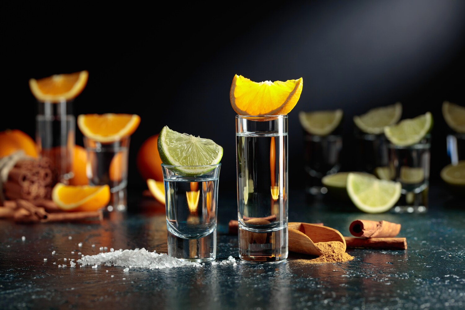 Mehrere Gläser Tequila mit Limetten, Orangen, Salz und Zimt
