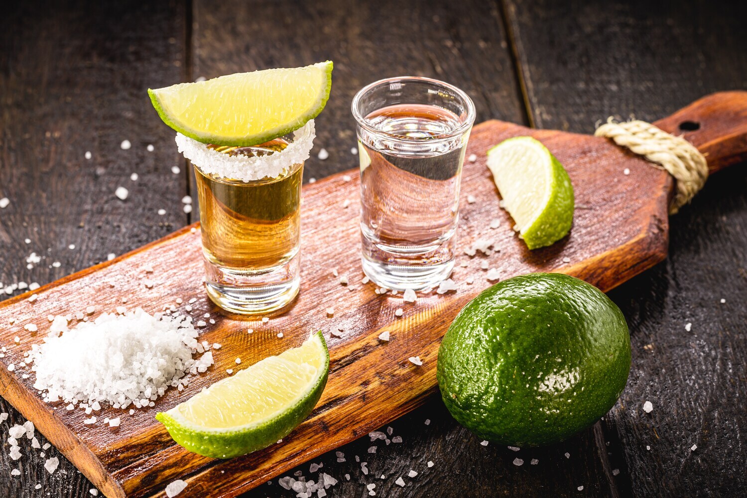 Zwei Gläser Tequila mit Limetten und Salz