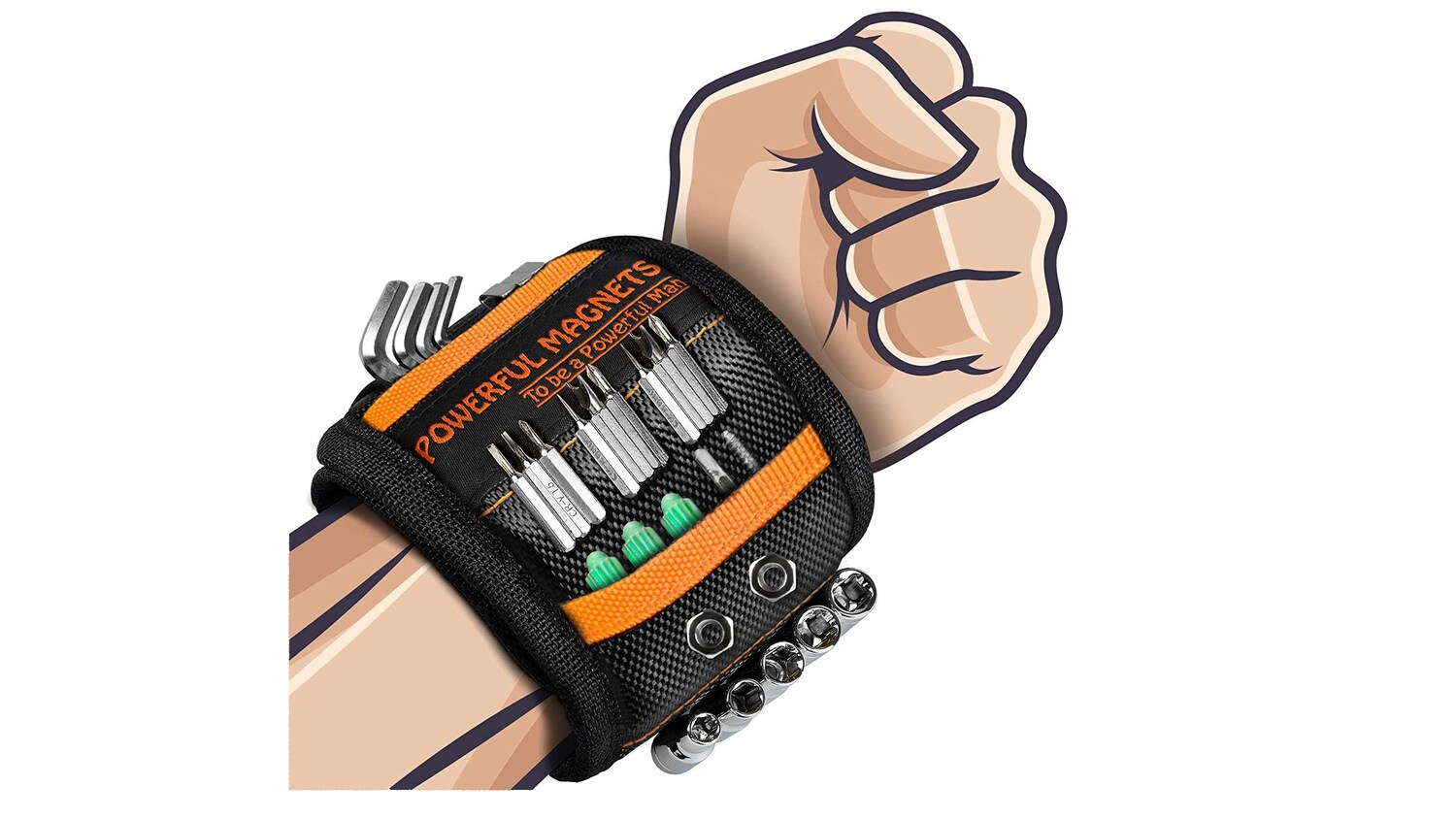 Auf einem Magnetarmband hängen mehrere Schraubaufsätze Auf einem Magnetarmband hängen mehrere Schraubaufsätze