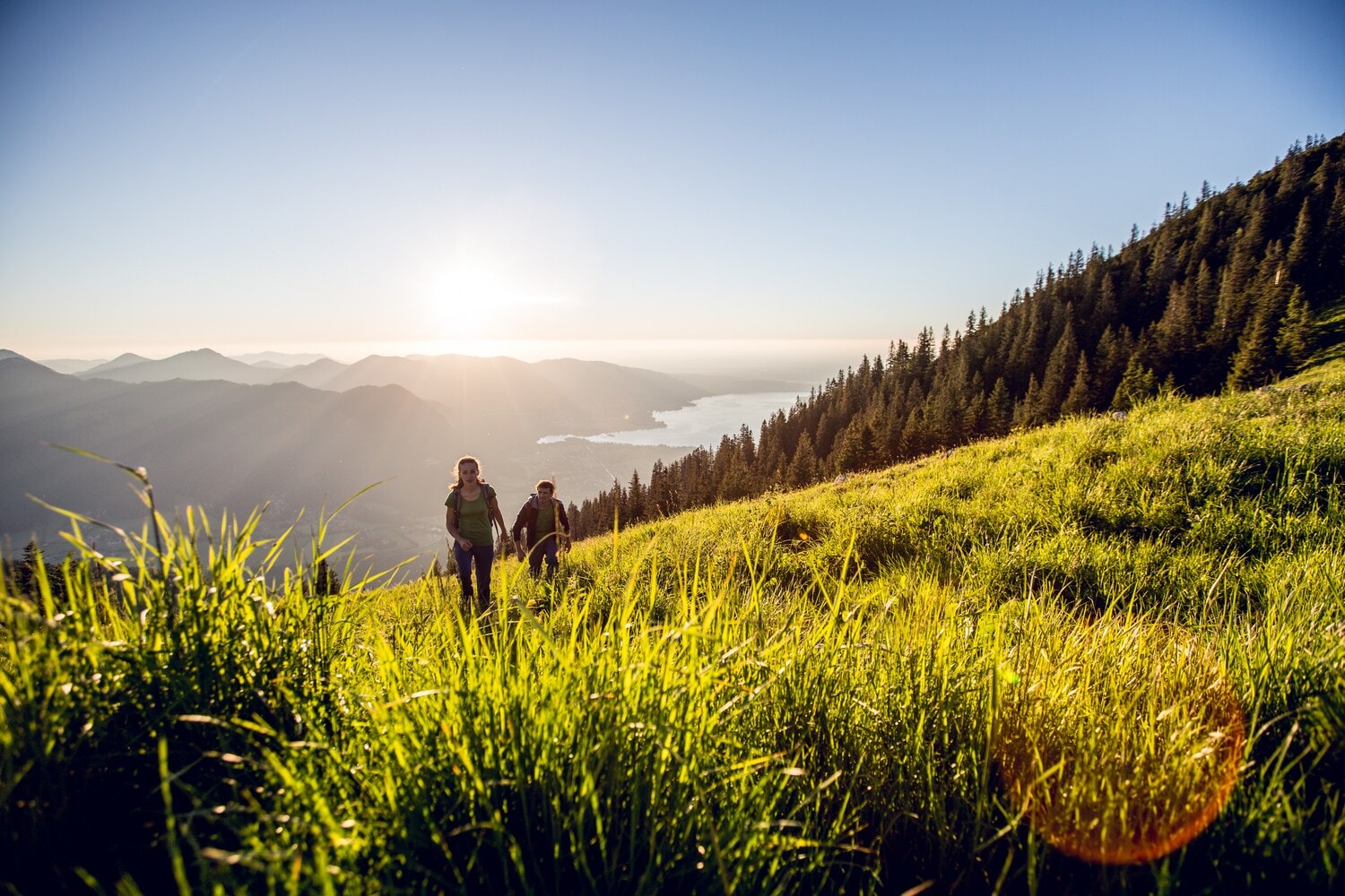 Ein Paar wandert einen grünen Hügel hinauf, im Hintergrund scheint die Sonne und ist ein See zu erkennen.