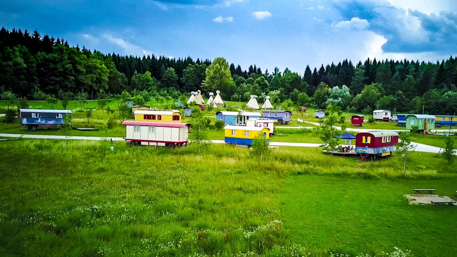 Mehrere Zirkuswagen und Tipis stehen auf einer Wiese verteilt, die von Bäumen gesäumt wird
