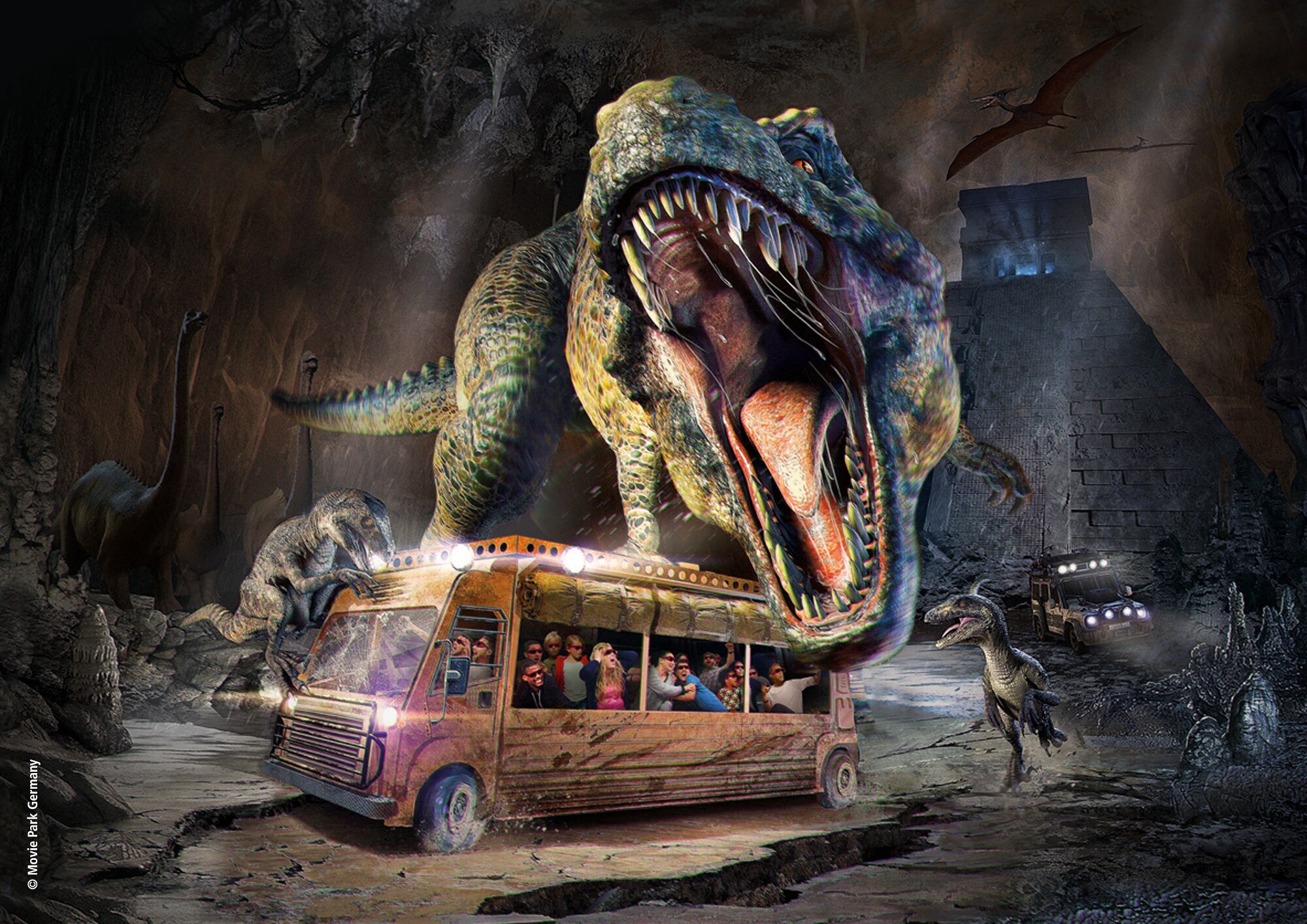 The Lost Temple Ein Safari-Bus umgeben von Dinosauriern