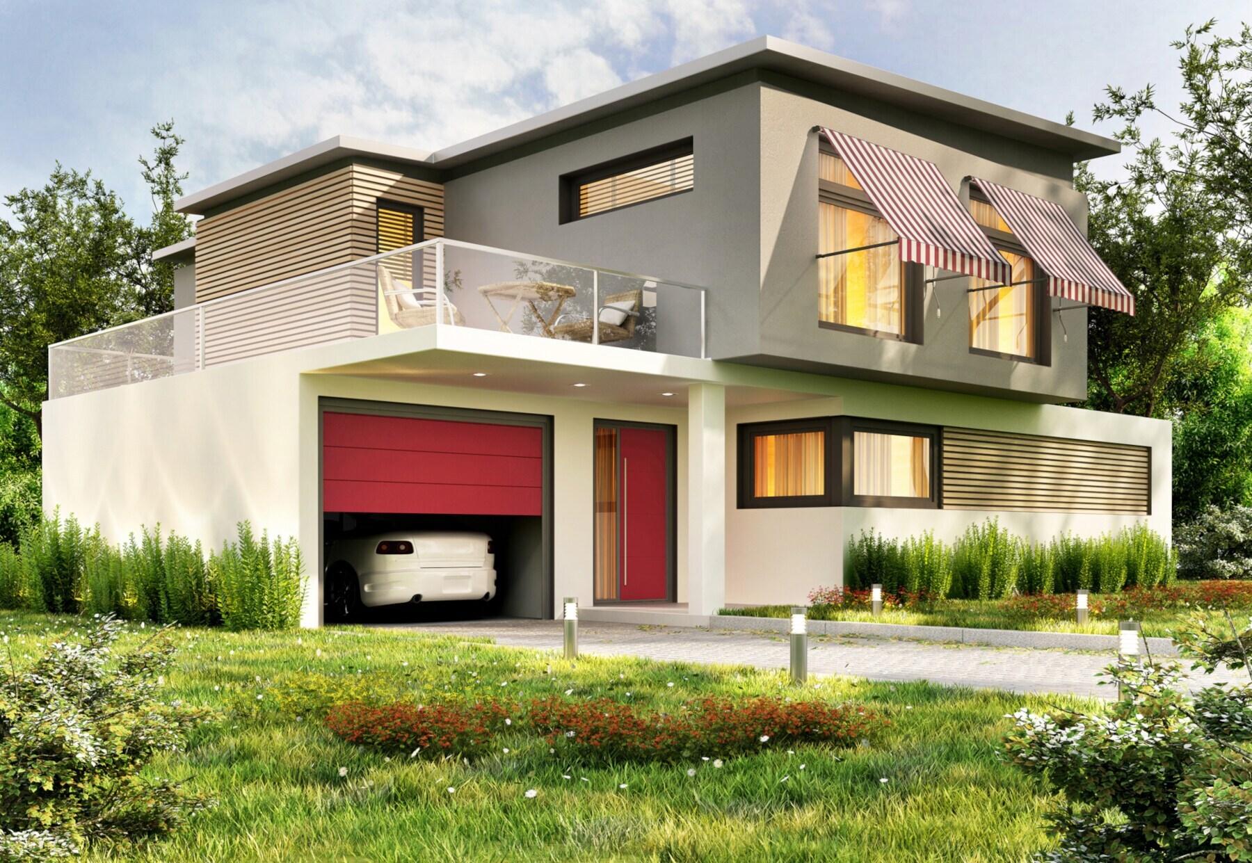 Modernes Haus mit halb geöffneter Garage