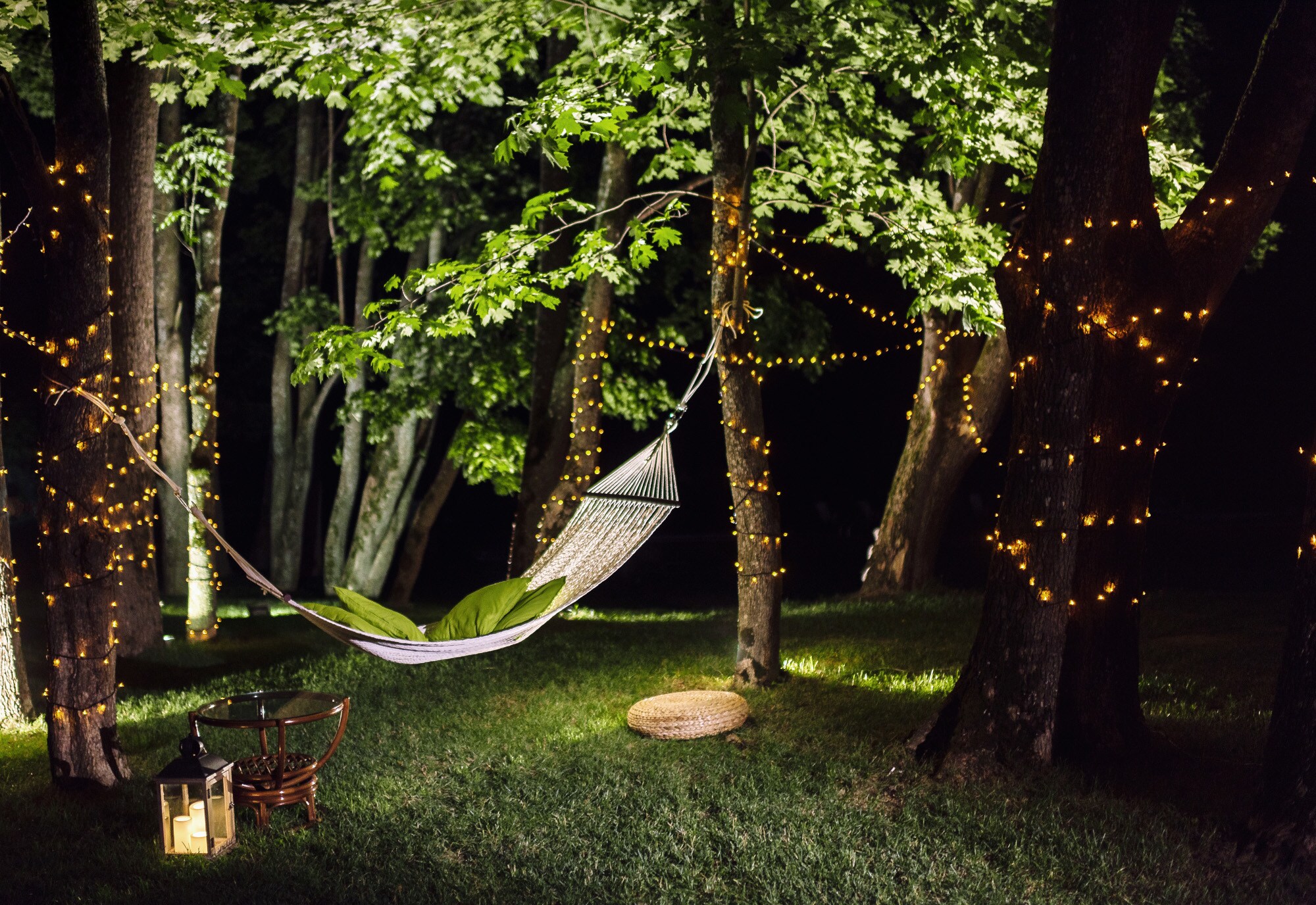 Eine Hängematte in einem Garten mit beleuchteten Bäumen bei Nacht Eine Hängematte in einem Garten mit beleuchteten Bäumen bei Nacht