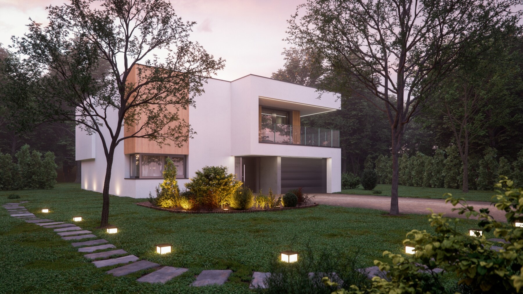 Ein modernes, kubistisches Haus mit Garten- und Wegbeleuchtung in der Abenddämmerung Ein modernes, kubistisches Haus mit Garten- und Wegbeleuchtung in der Abenddämmerung